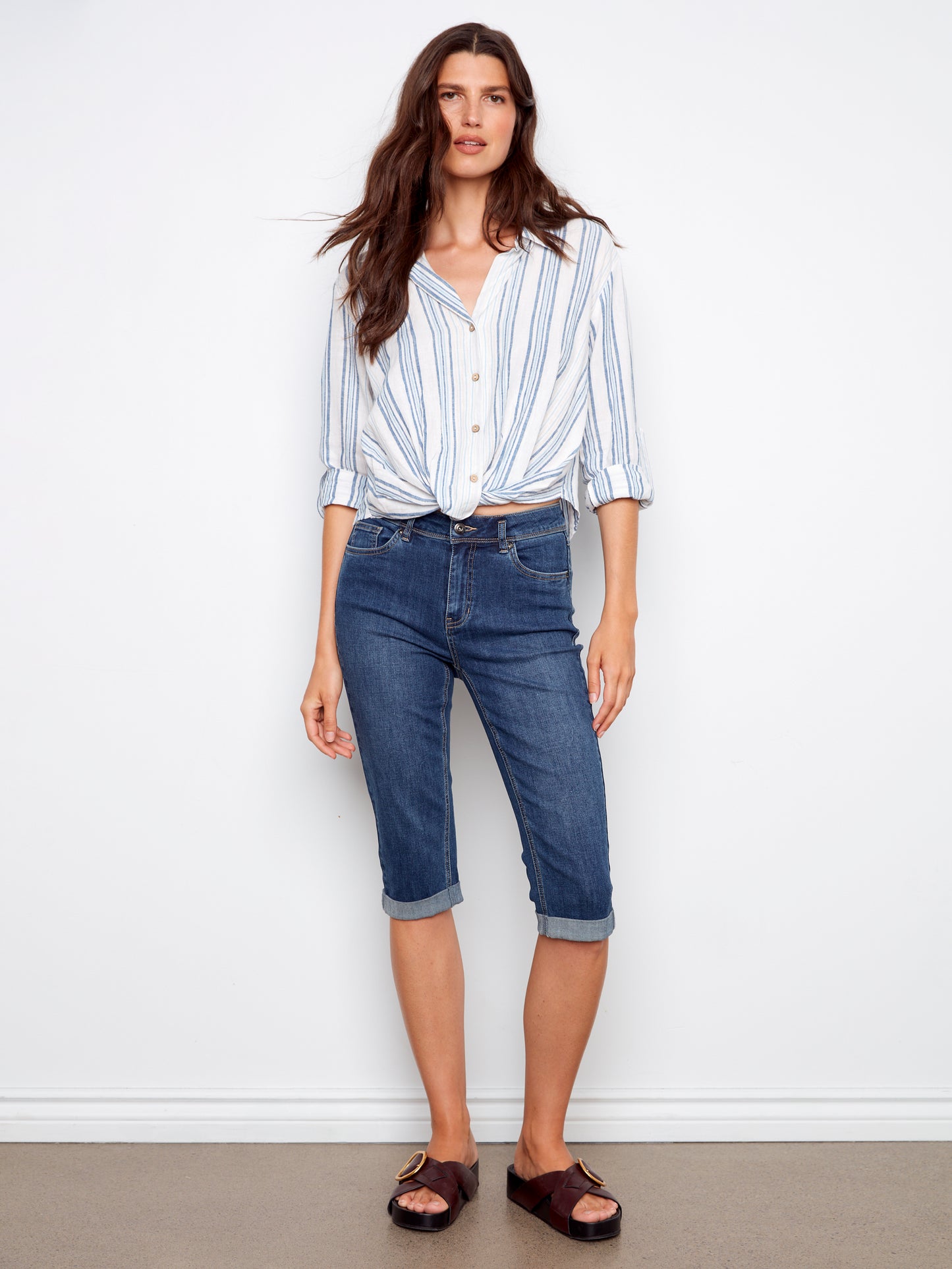 Charlie B Yarn Dye Stripe Twist Front Shirt w/Roll-up Long Sleeves Denim C4604R-486C-P006