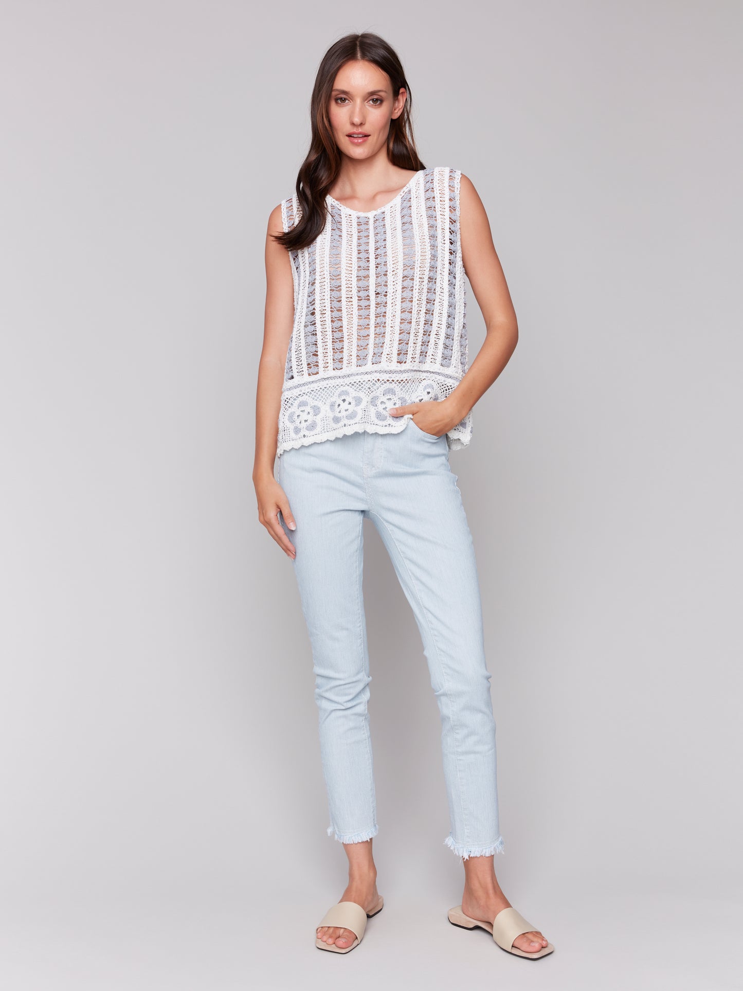 Charlie B Sleeveless Floral Border Crochet Top Bluebell C4610-264C-P239