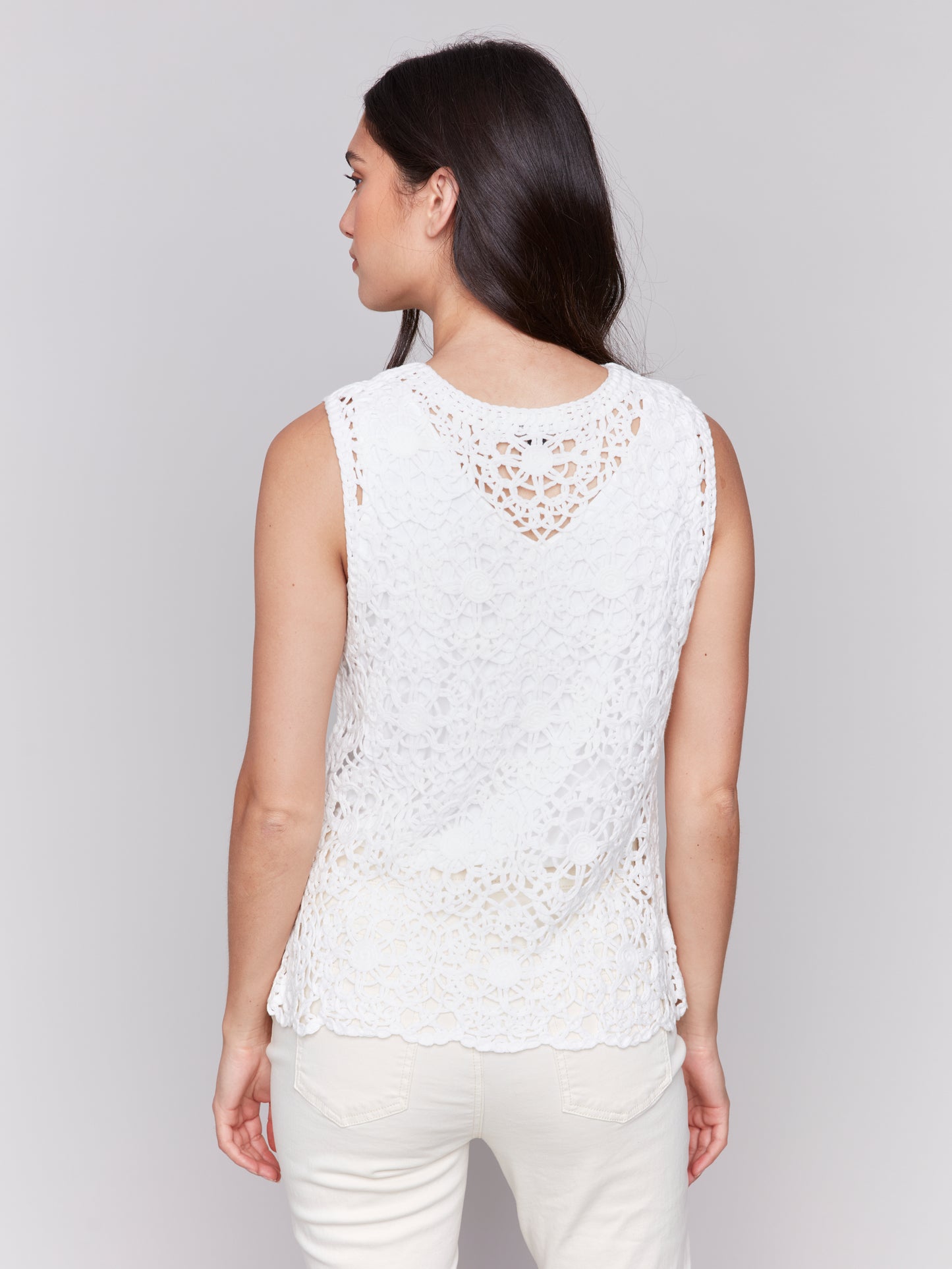 Charlie B Sleeveless Floral Crochet Top White C4611-234C-002