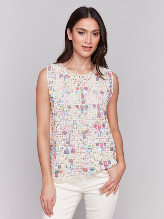 Charlie B Sleeveless Crochet Crew Neck Top Natural C4612-264C-P100