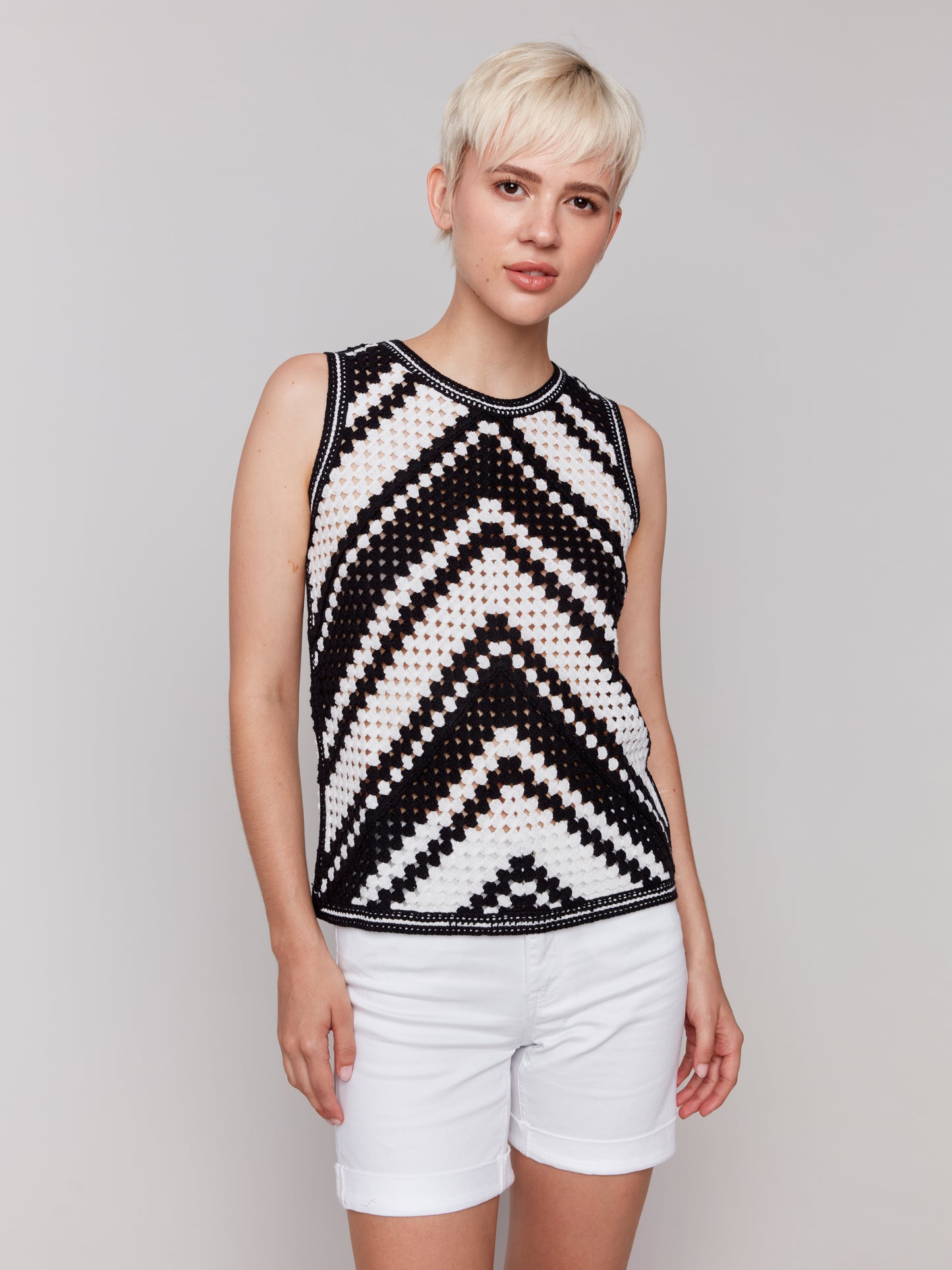 Charlie B Sleeveless Crochet Crew Neck Top Pepper C4612-271C-P048