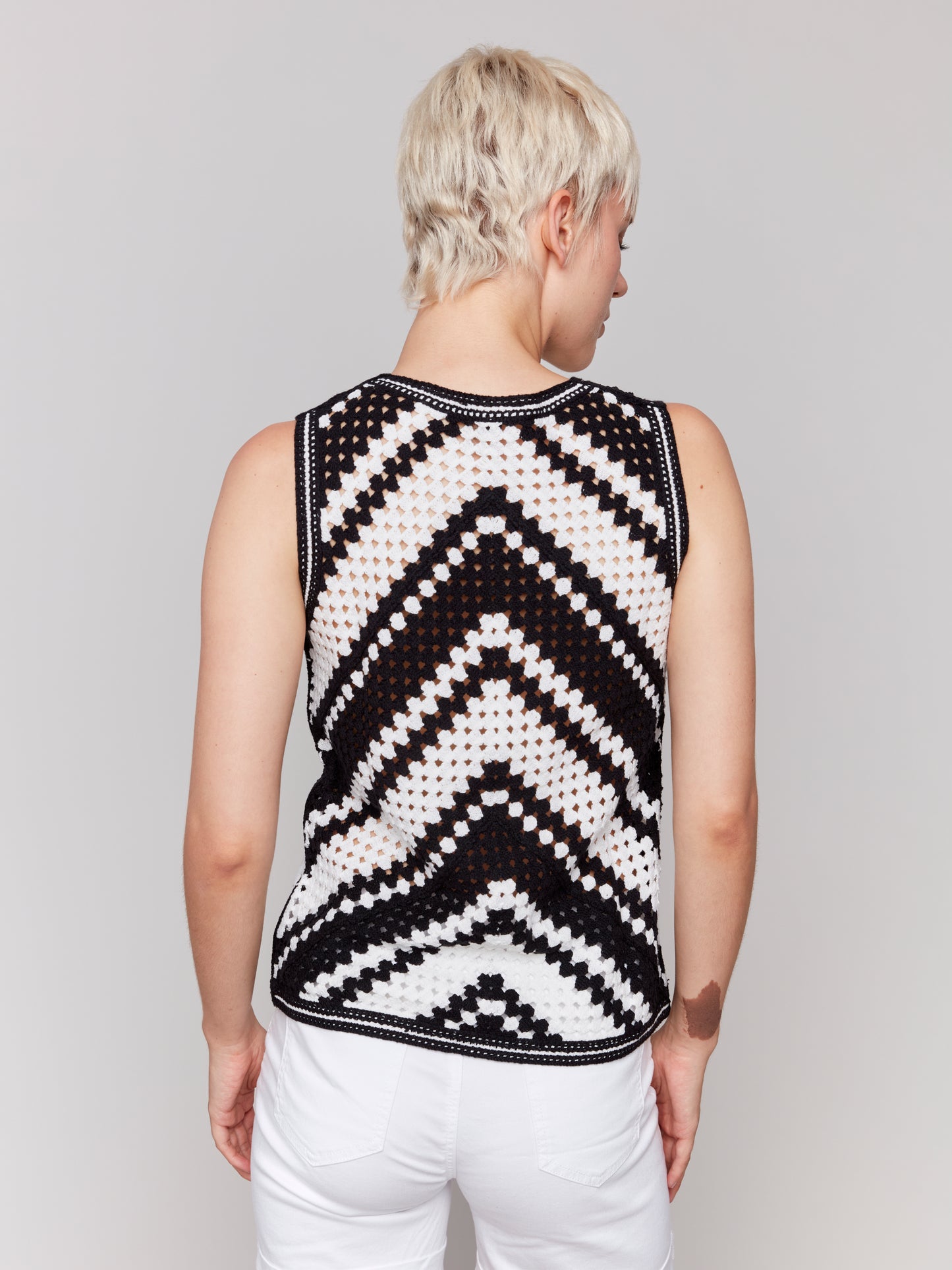 Charlie B Sleeveless Crochet Crew Neck Top Pepper C4612-271C-P048