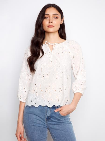 Charlie B 3/4 Raglan Sleeve Blouse w/Ties at Notch Neckline White C4661-505C-002