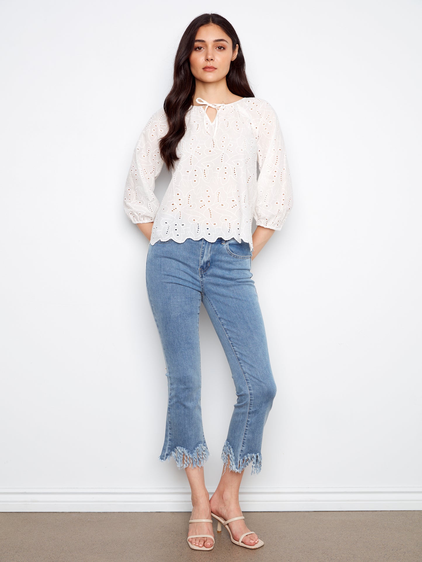 Charlie B 3/4 Raglan Sleeve Blouse w/Ties at Notch Neckline White C4661-505C-002