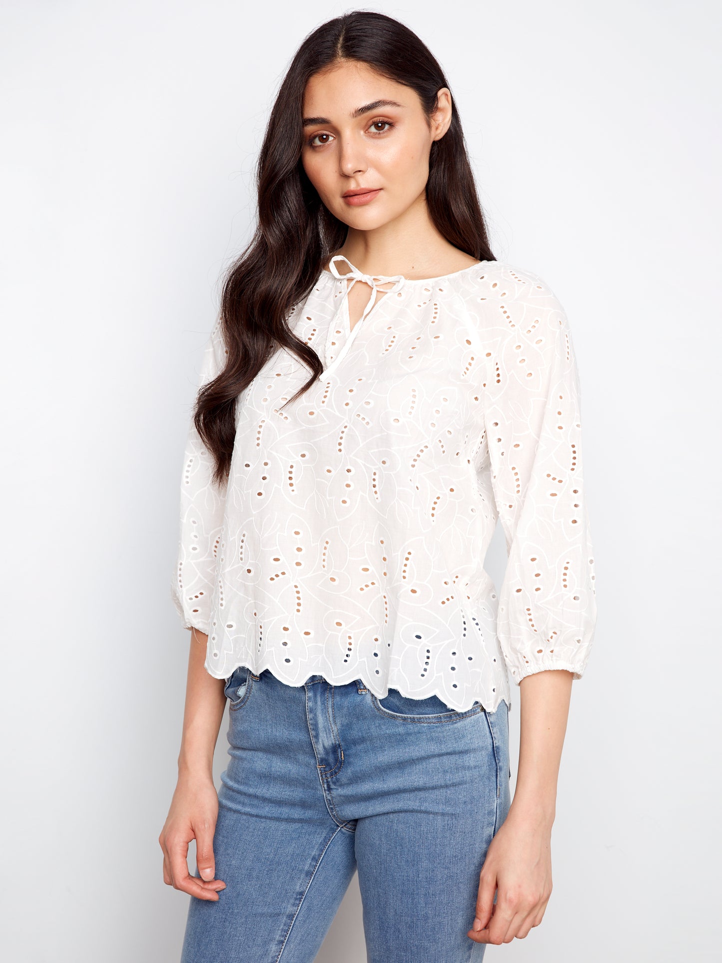 Charlie B 3/4 Raglan Sleeve Blouse w/Ties at Notch Neckline White C4661-505C-002