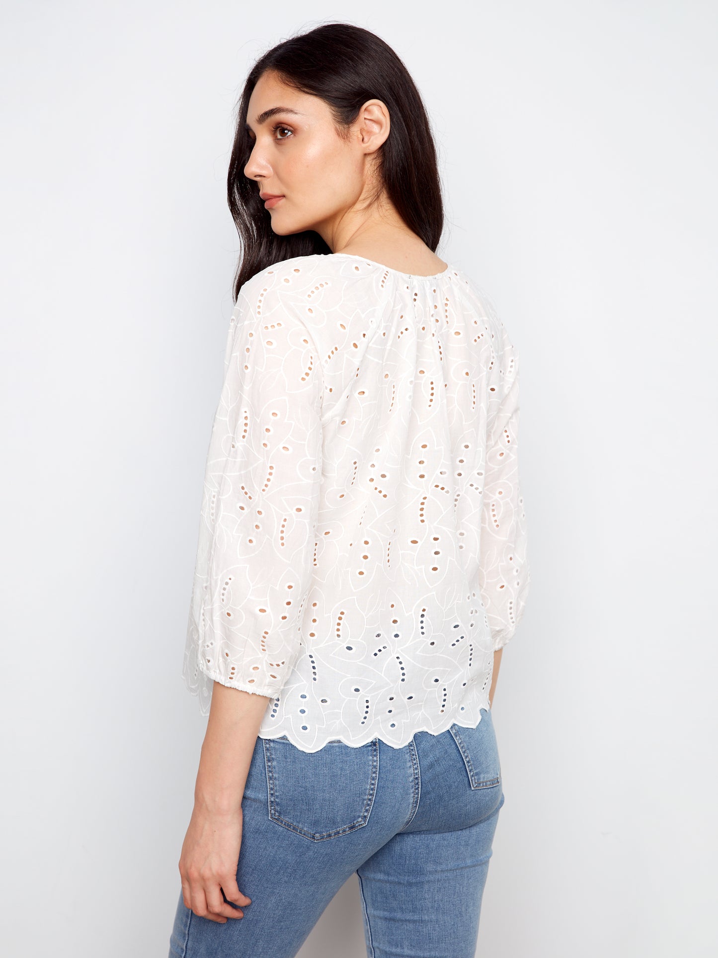 Charlie B 3/4 Raglan Sleeve Blouse w/Ties at Notch Neckline White C4661-505C-002