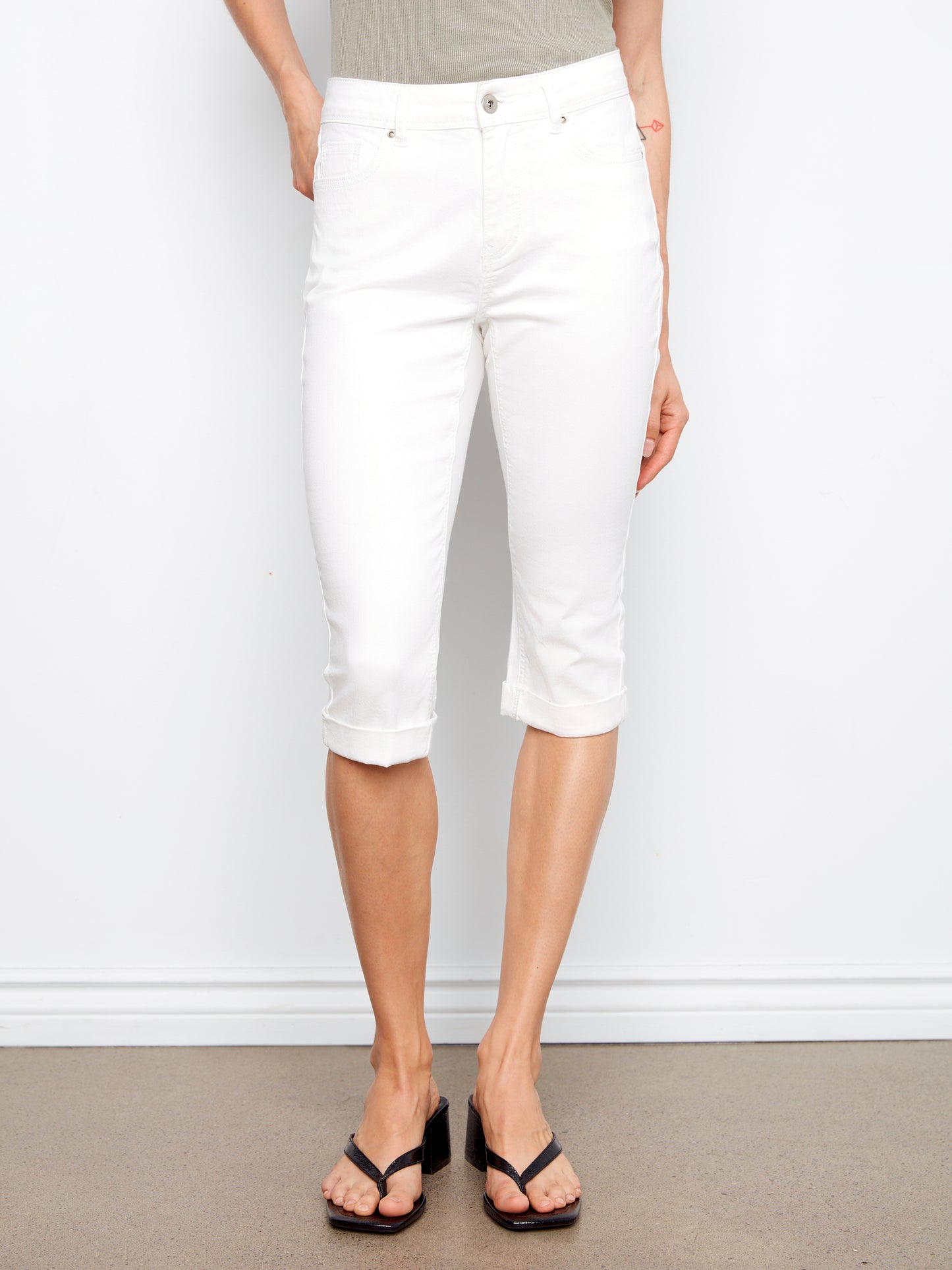 Charlie B Coloured Twill Capri Slim Leg w/Cuffed Hem White C5208WW-618A-002