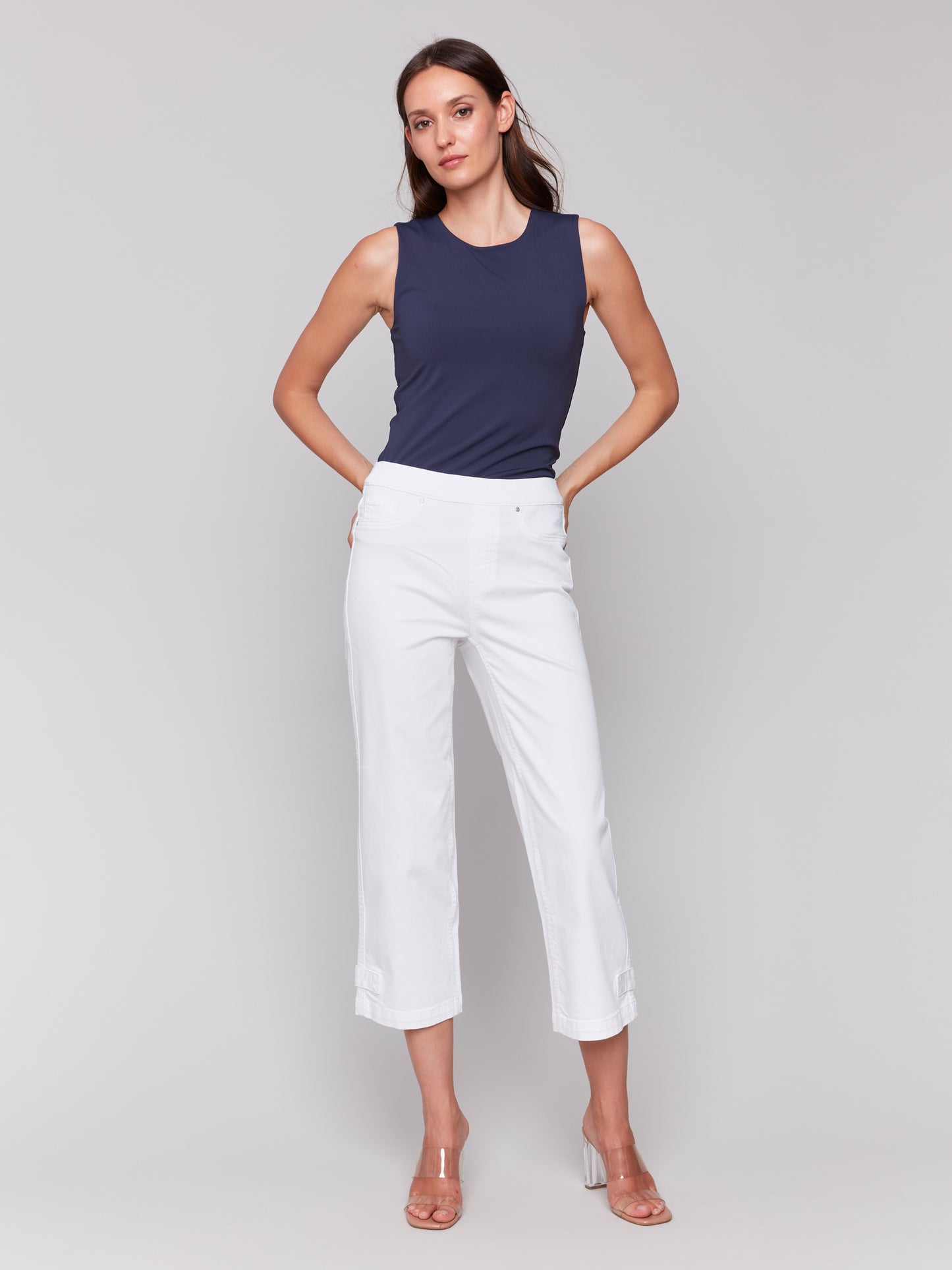 Charlie B Cropped Pull On Twill Pants w/Hem Tab White C5404RR-618-002