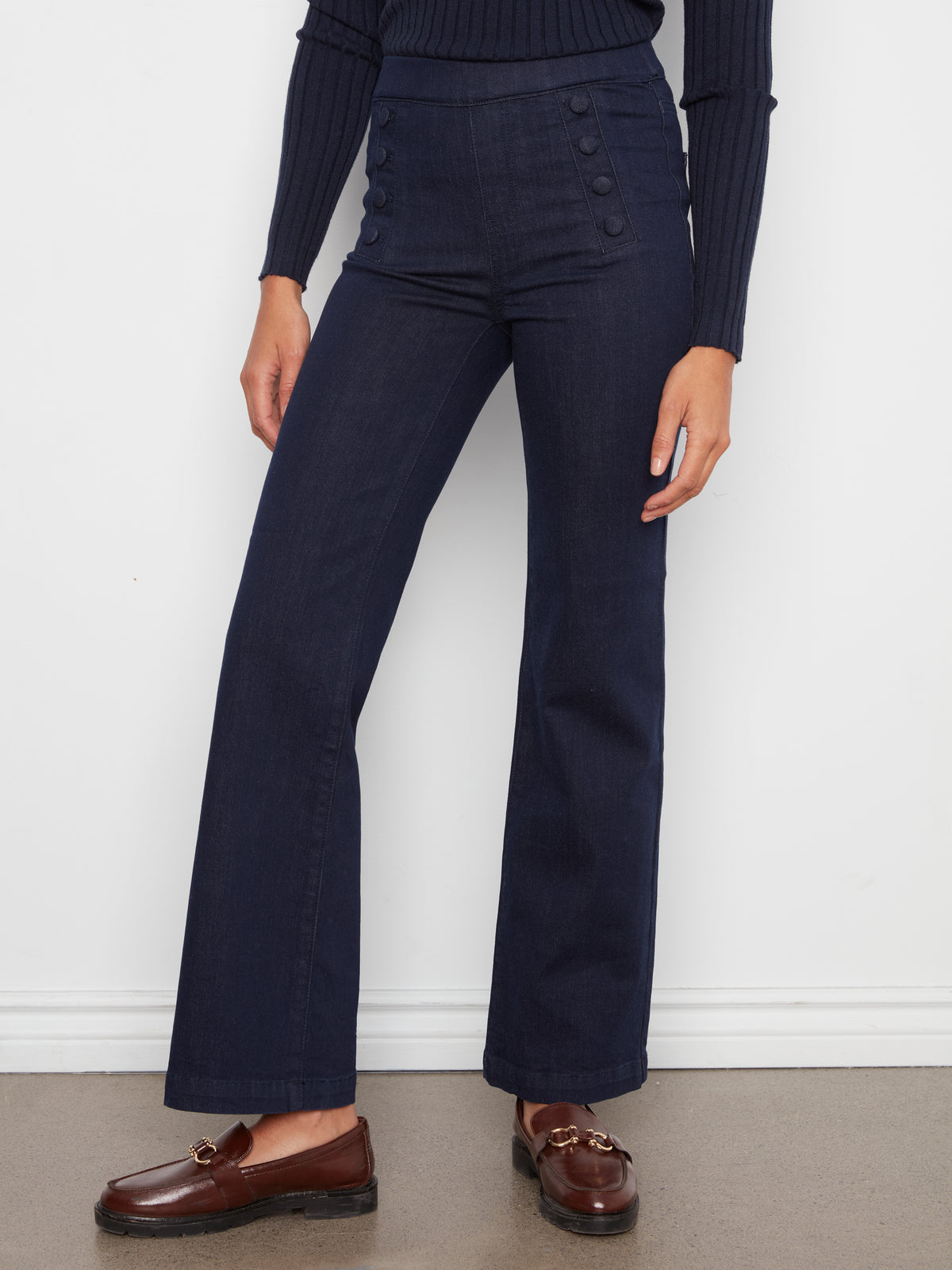 Charlie B Flare Pull-On Jeans w/Decorative Buttons Blue Black C5459RR-431A-283