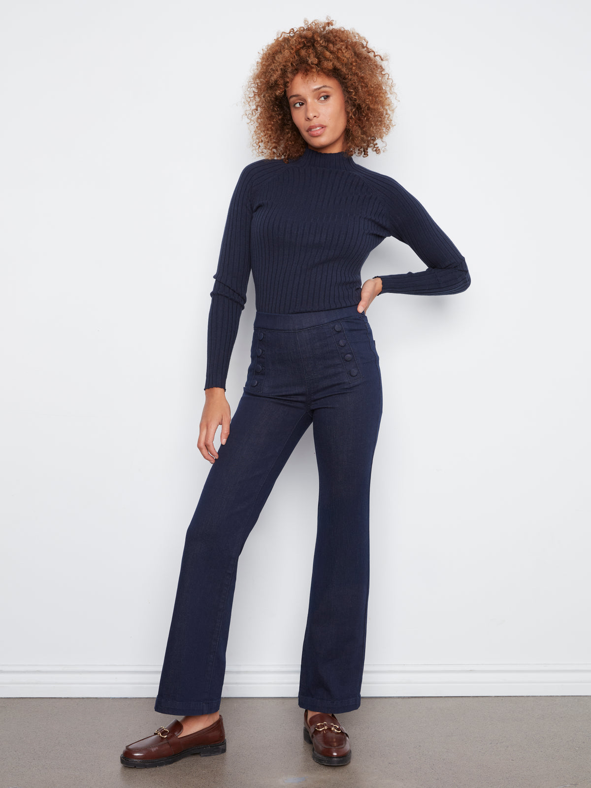 Charlie B Flare Pull-On Jeans w/Decorative Buttons Blue Black C5459RR-431A-283