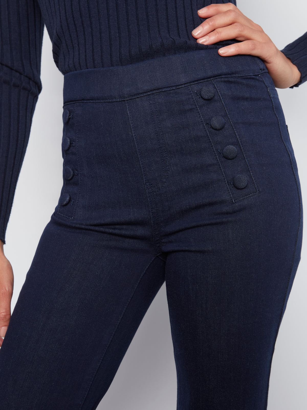 Charlie B Flare Pull-On Jeans w/Decorative Buttons Blue Black C5459RR-431A-283