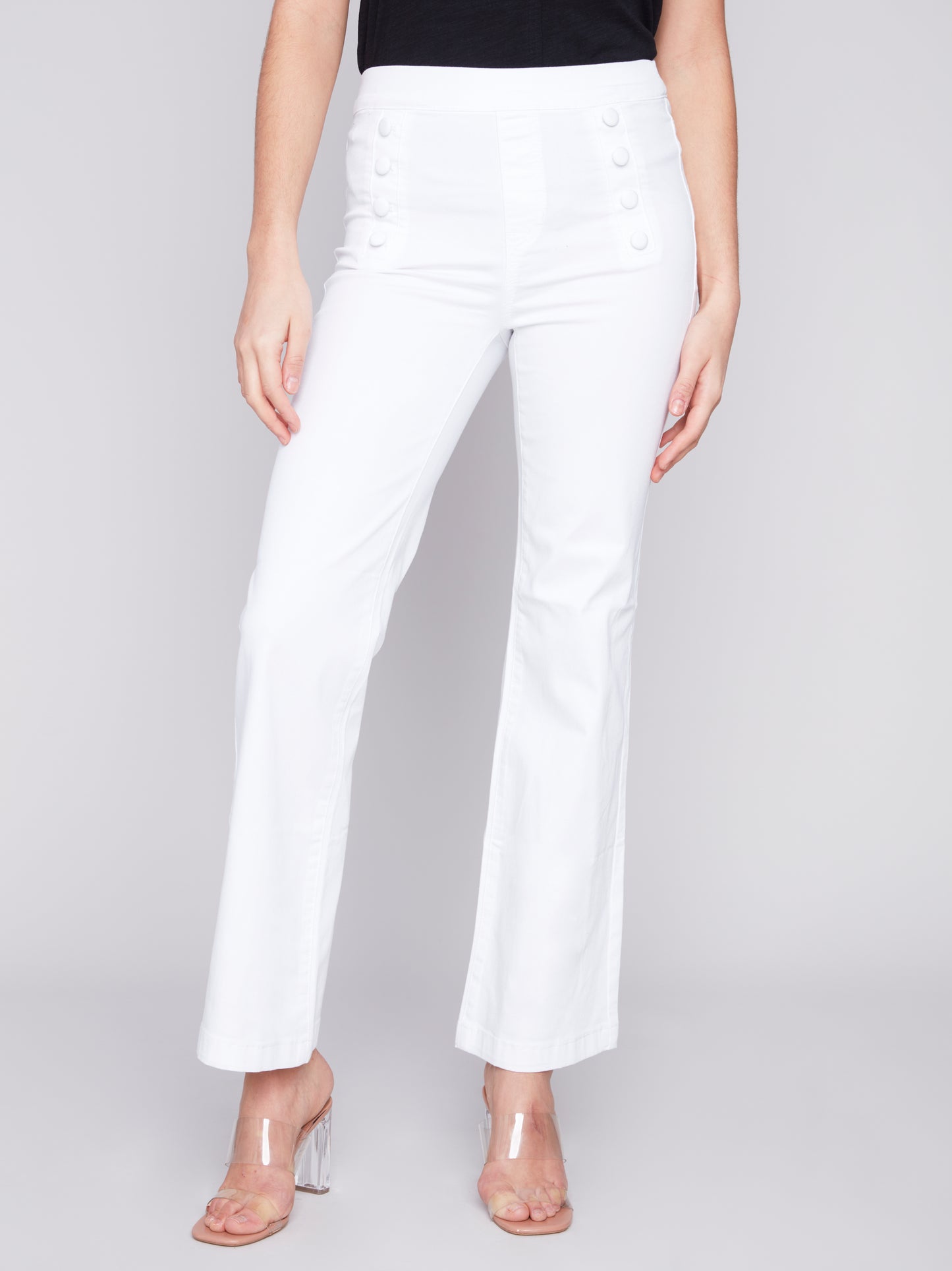 Charlie B Wide Leg Pull On Pant w/Front Button Plackets White C5459R-618A-002