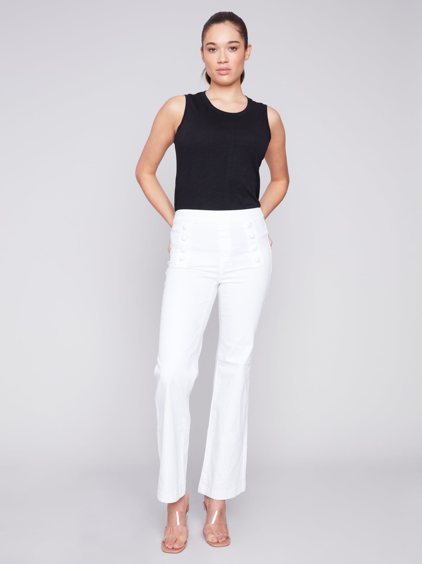 Charlie B Wide Leg Pull On Pant w/Front Button Plackets White C5459R-618A-002