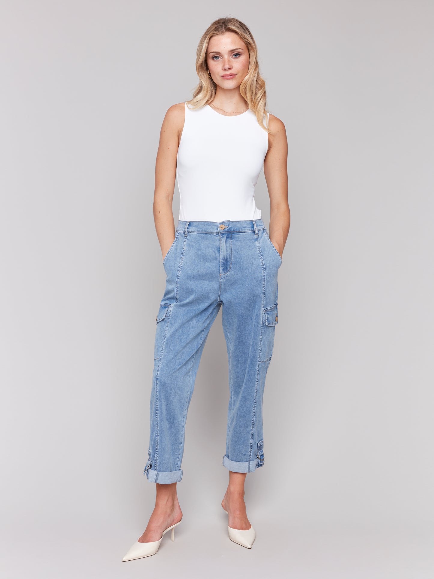 Charlie B Stretch Tencel Cargo Pants Chambray C5492R-911B-198