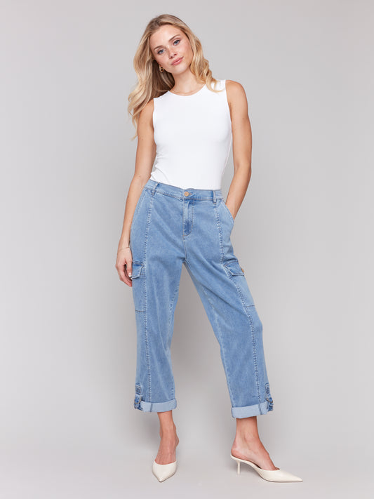 Charlie B Stretch Tencel Cargo Pants Chambray C5492R-911B-198