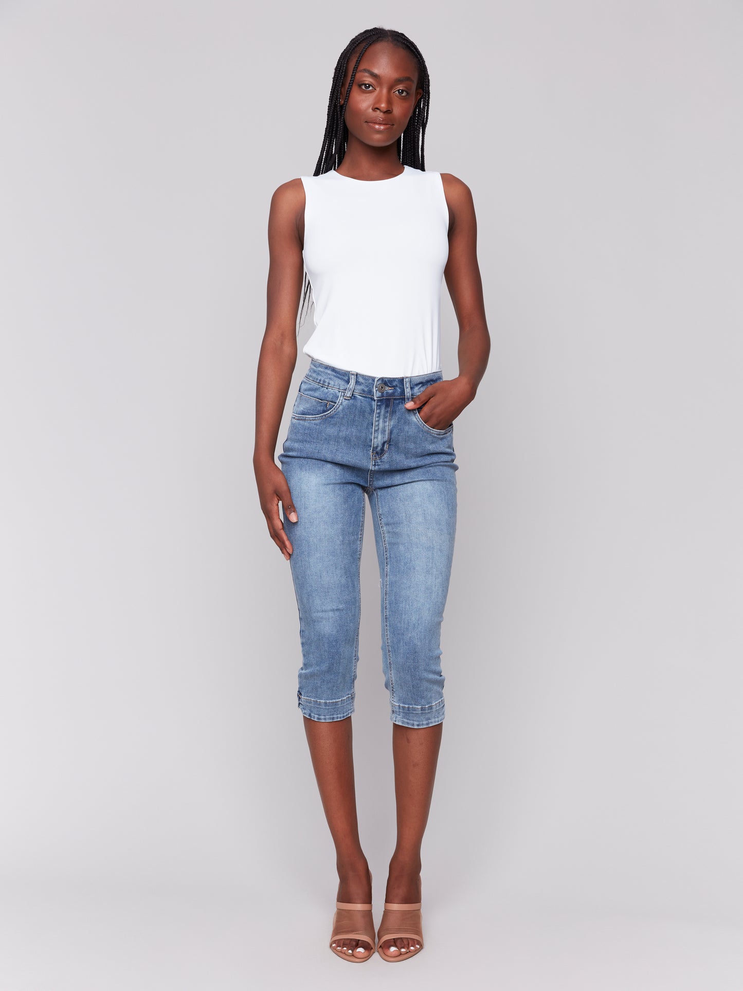 Charlie B Knee High Capri Jeans Medium Blue C5514R-431A-156