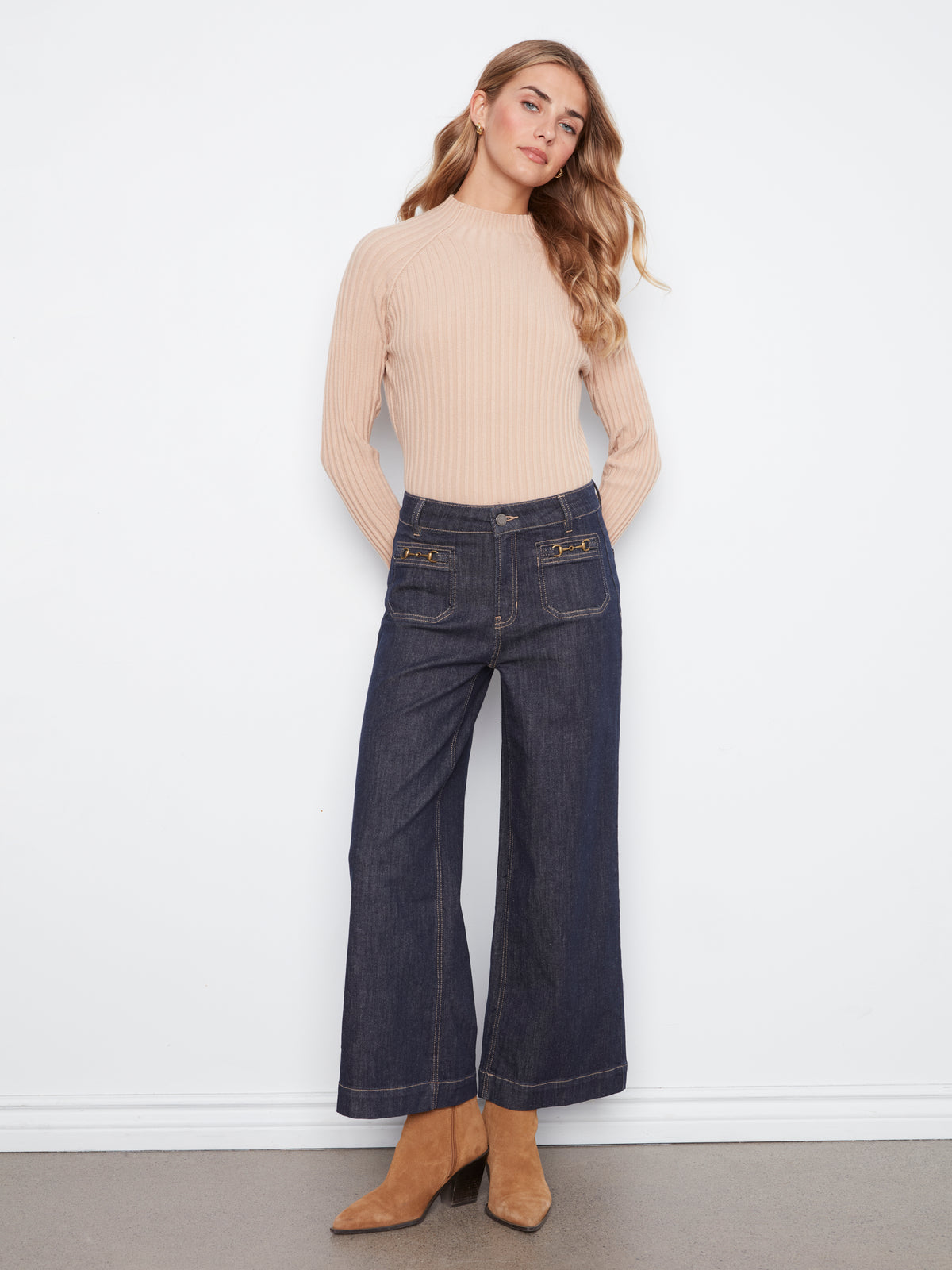 Charlie B Cropped Patch Pocket Wide Leg Jeans w/Horsebit Detail Deep Blue C5538D-437C-910
