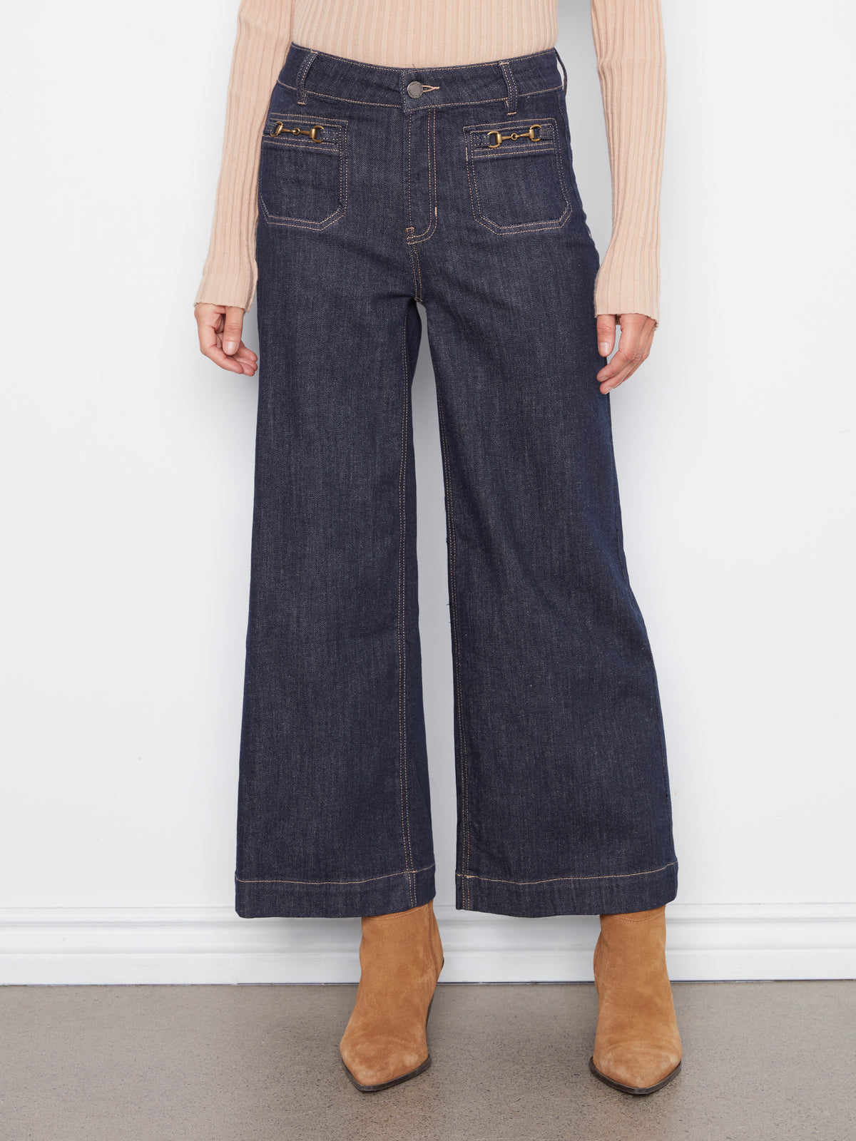 Charlie B Cropped Patch Pocket Wide Leg Jeans w/Horsebit Detail Deep Blue C5538D-437C-910