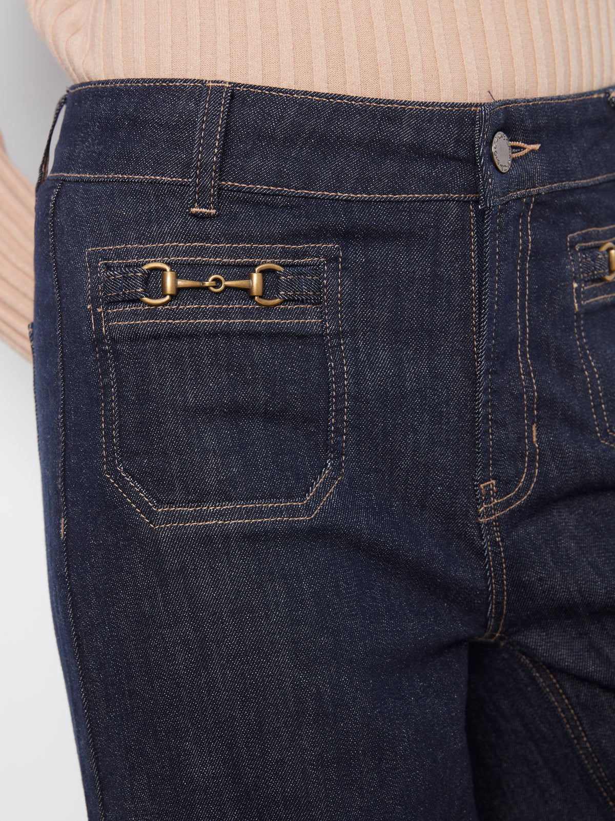 Charlie B Cropped Patch Pocket Wide Leg Jeans w/Horsebit Detail Deep Blue C5538D-437C-910