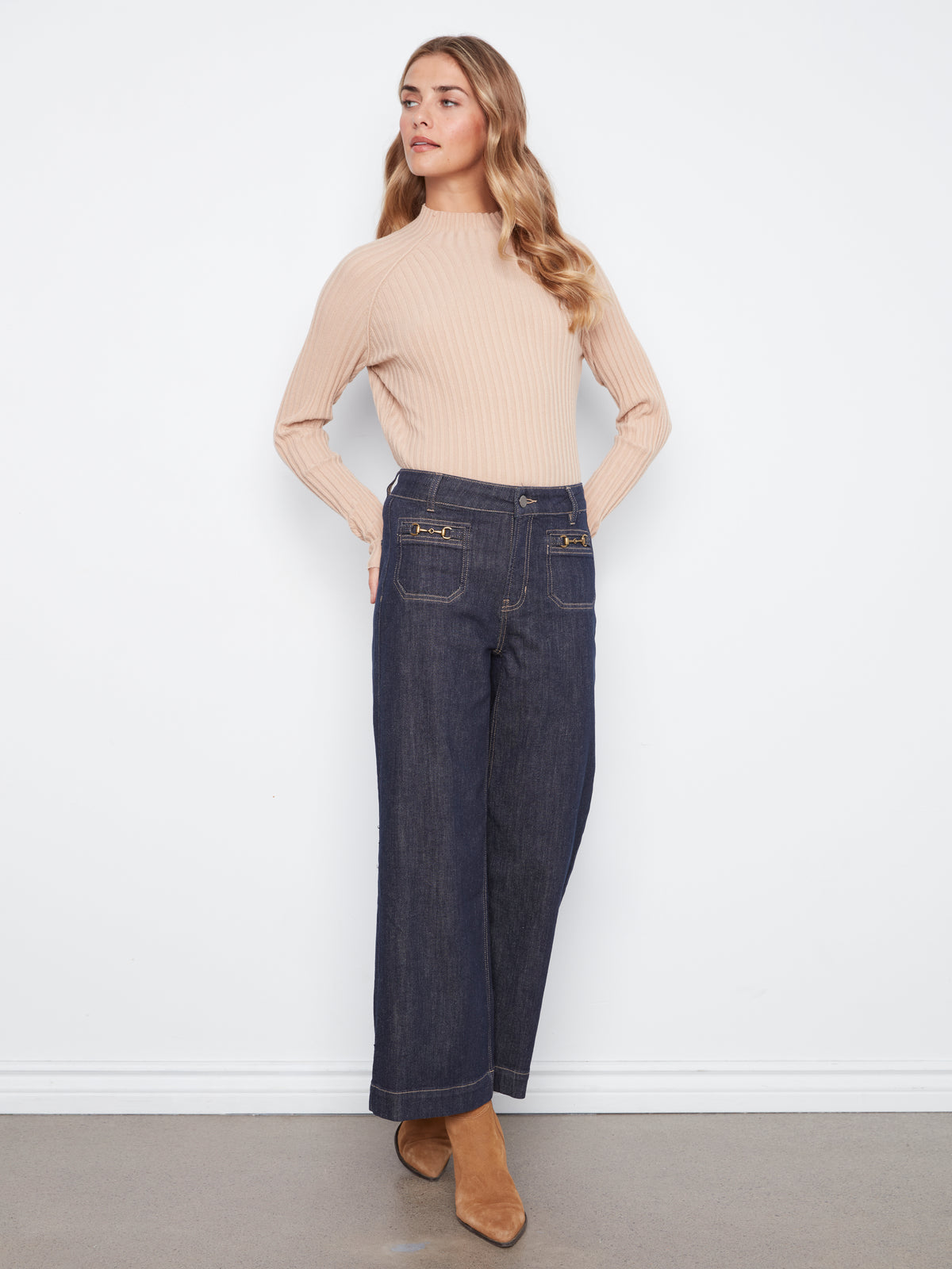 Charlie B Cropped Patch Pocket Wide Leg Jeans w/Horsebit Detail Deep Blue C5538D-437C-910