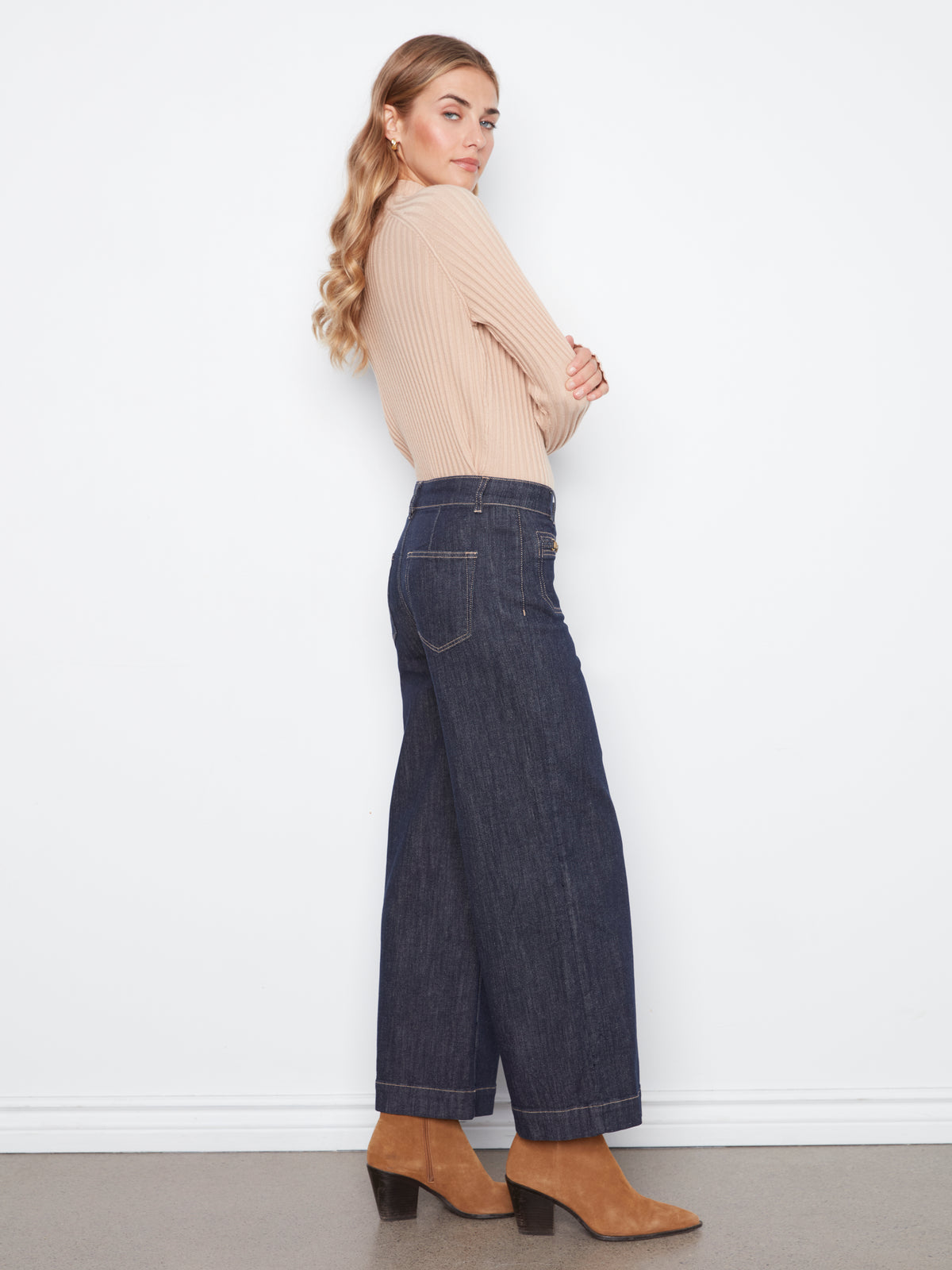 Charlie B Cropped Patch Pocket Wide Leg Jeans w/Horsebit Detail Deep Blue C5538D-437C-910