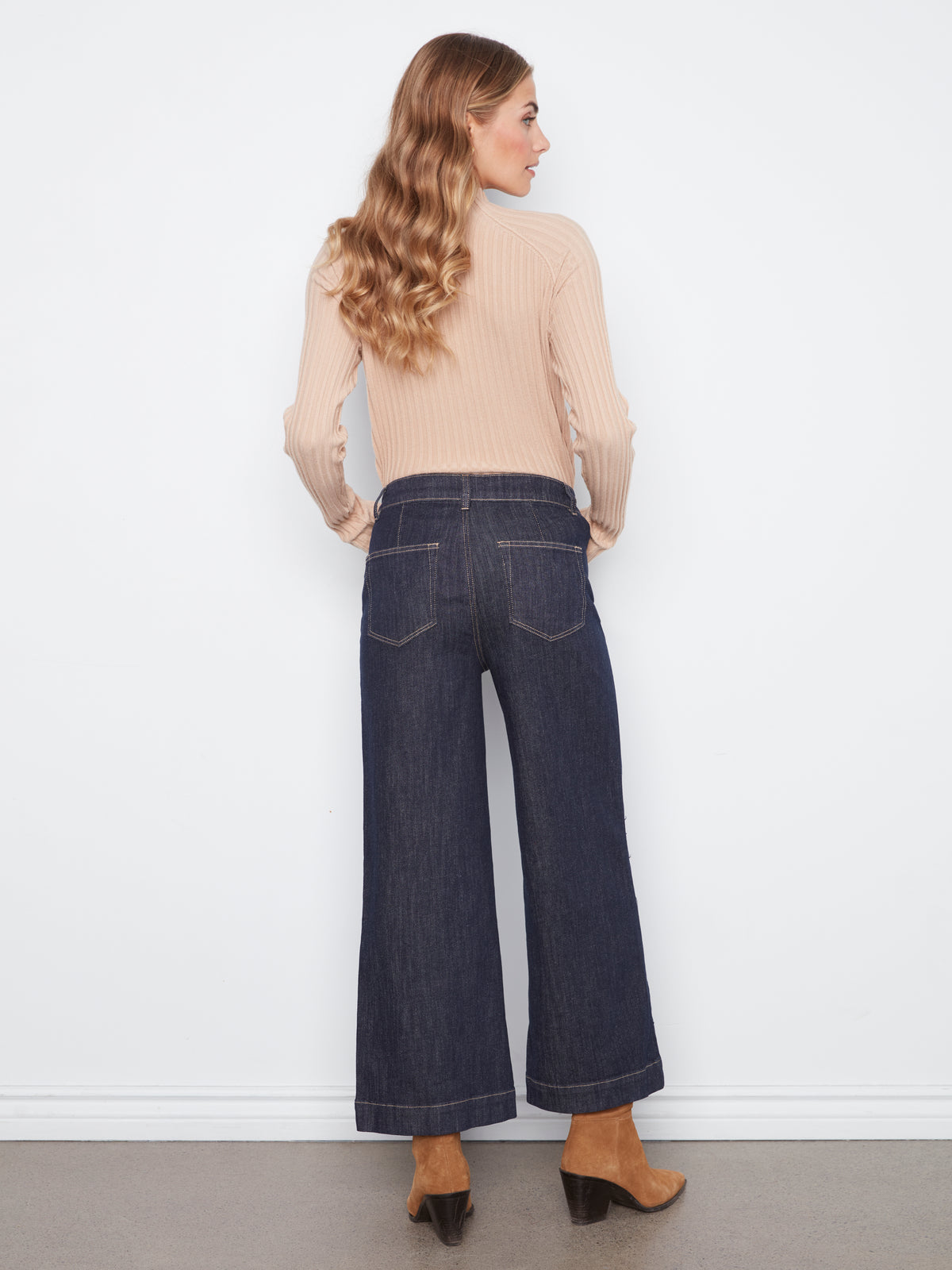 Charlie B Cropped Patch Pocket Wide Leg Jeans w/Horsebit Detail Deep Blue C5538D-437C-910