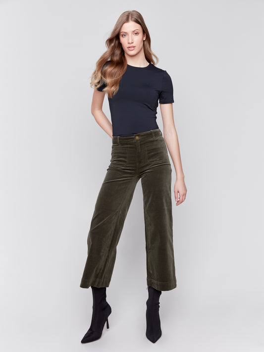 Charlie B Corduroy Cropped Flare Leg Front Patch Pocket Pant Spruce C5538-660B-531