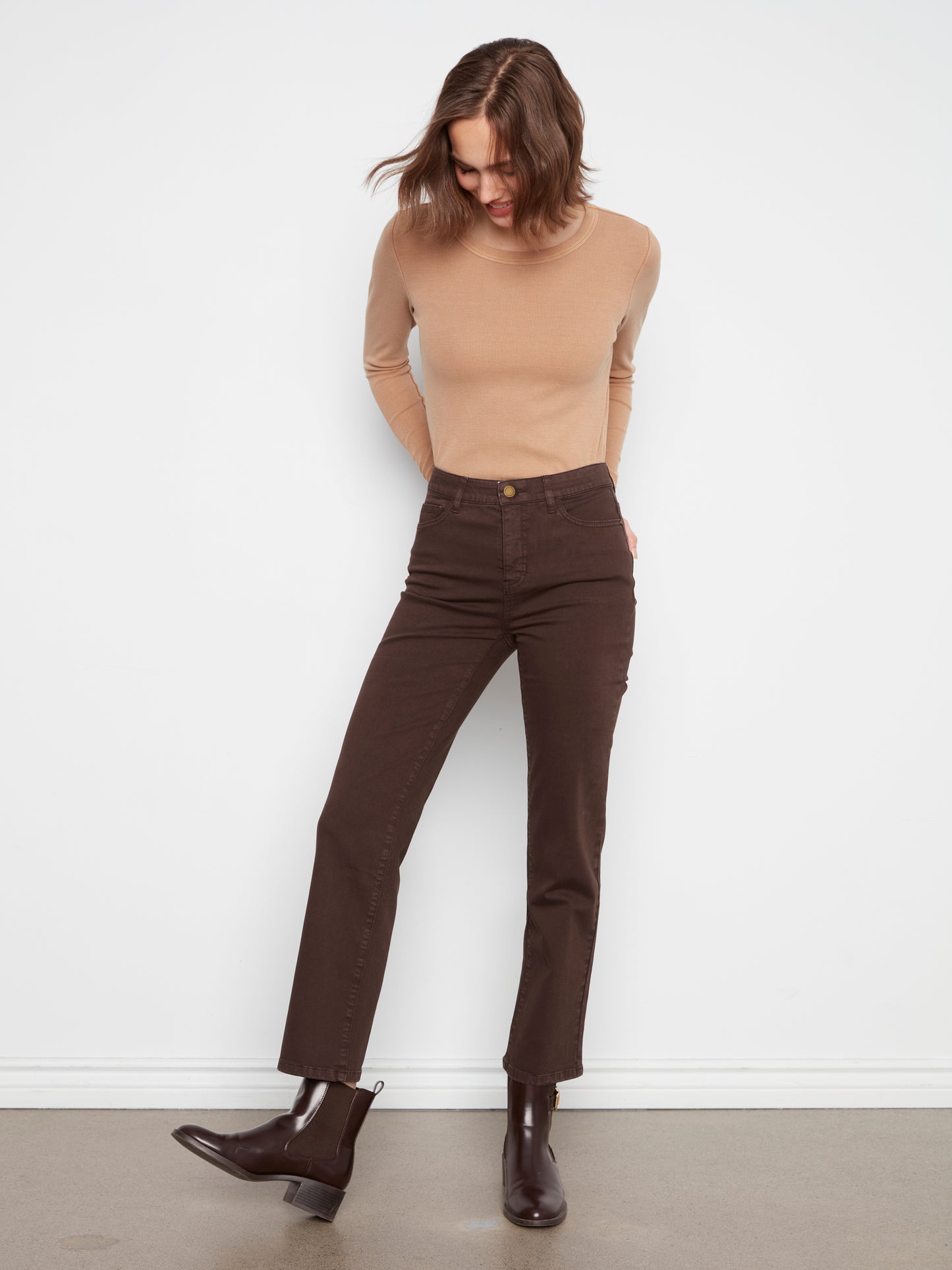 Charlie B Straight Leg Coloured Twill Pants w/Elastic Inside Waist Coffee C5584RR-618A-413