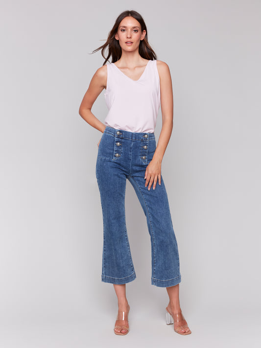 Charlie B Cropped Pull On Flare Jeans w/Front Buttons Medium Blue C5615-431A-156