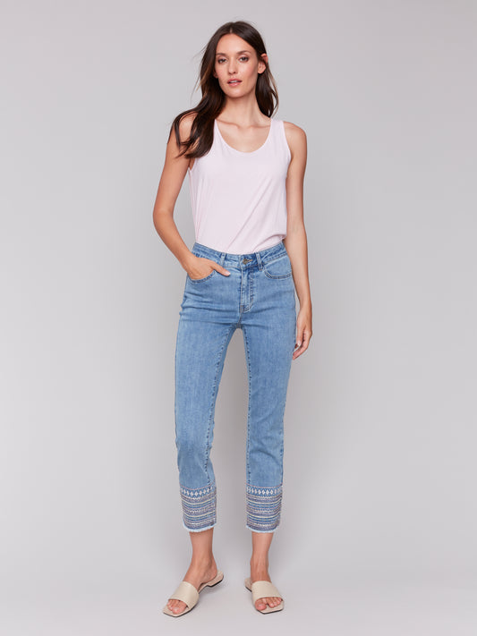 Charlie B Embroidered Hem Jeans Lt. Blue C5640-431A-140