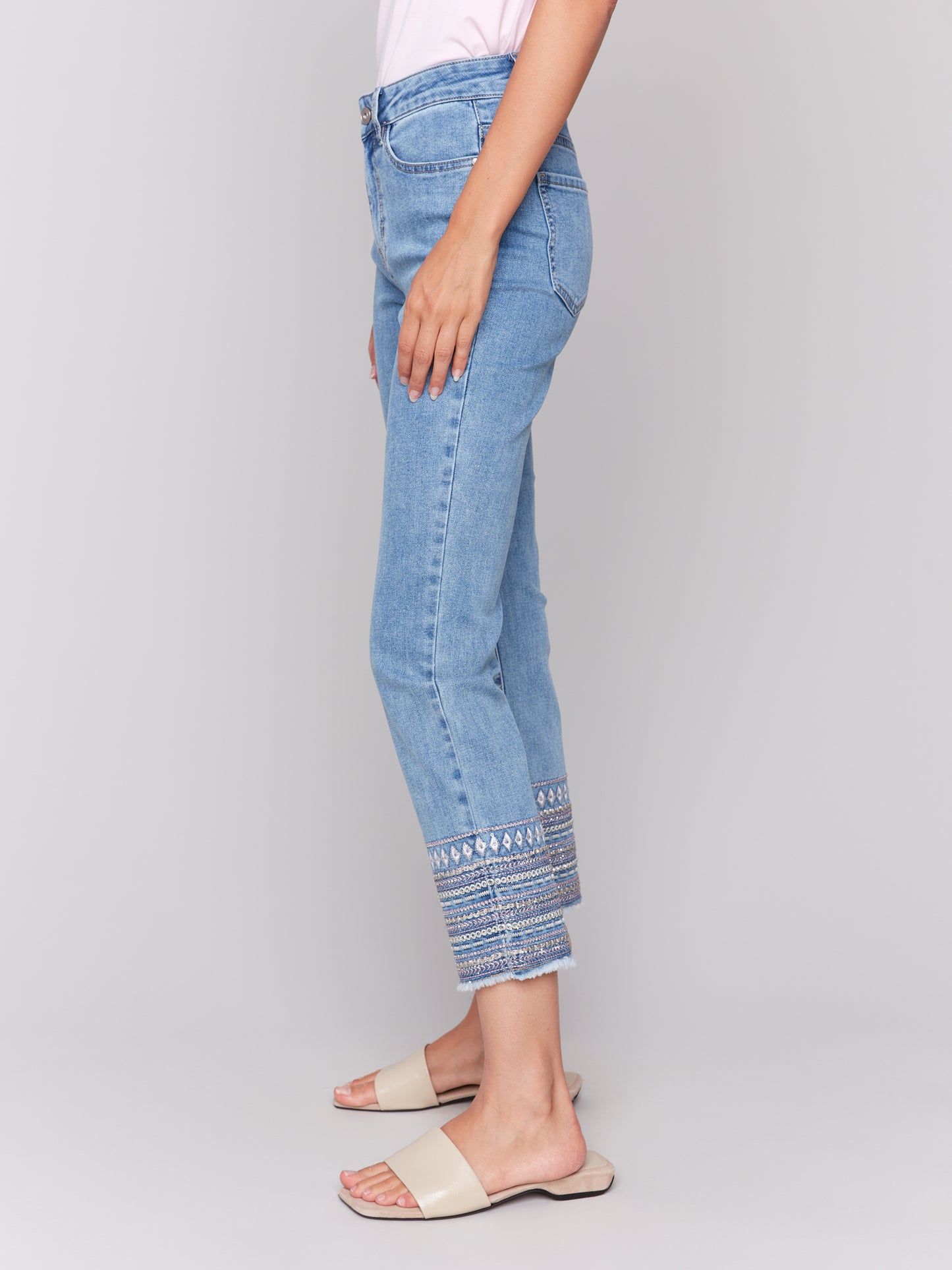 Charlie B Embroidered Hem Jeans Lt. Blue C5640-431A-140