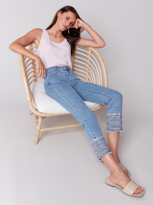 Charlie B Embroidered Hem Jeans Lt. Blue C5640-431A-140