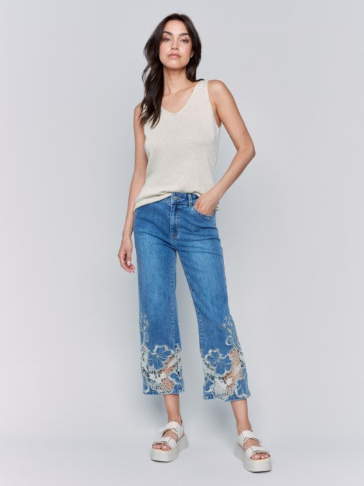 Charlie B Crop Flare Leg Jeans w/Laser Cut Lace Hem Medium Blue C5648-431A-156