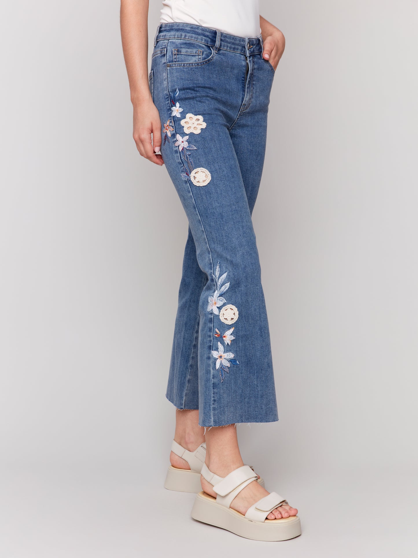 Charlie B Floral Embroidered Crochet Jeans Medium Blue C5652-431A-156