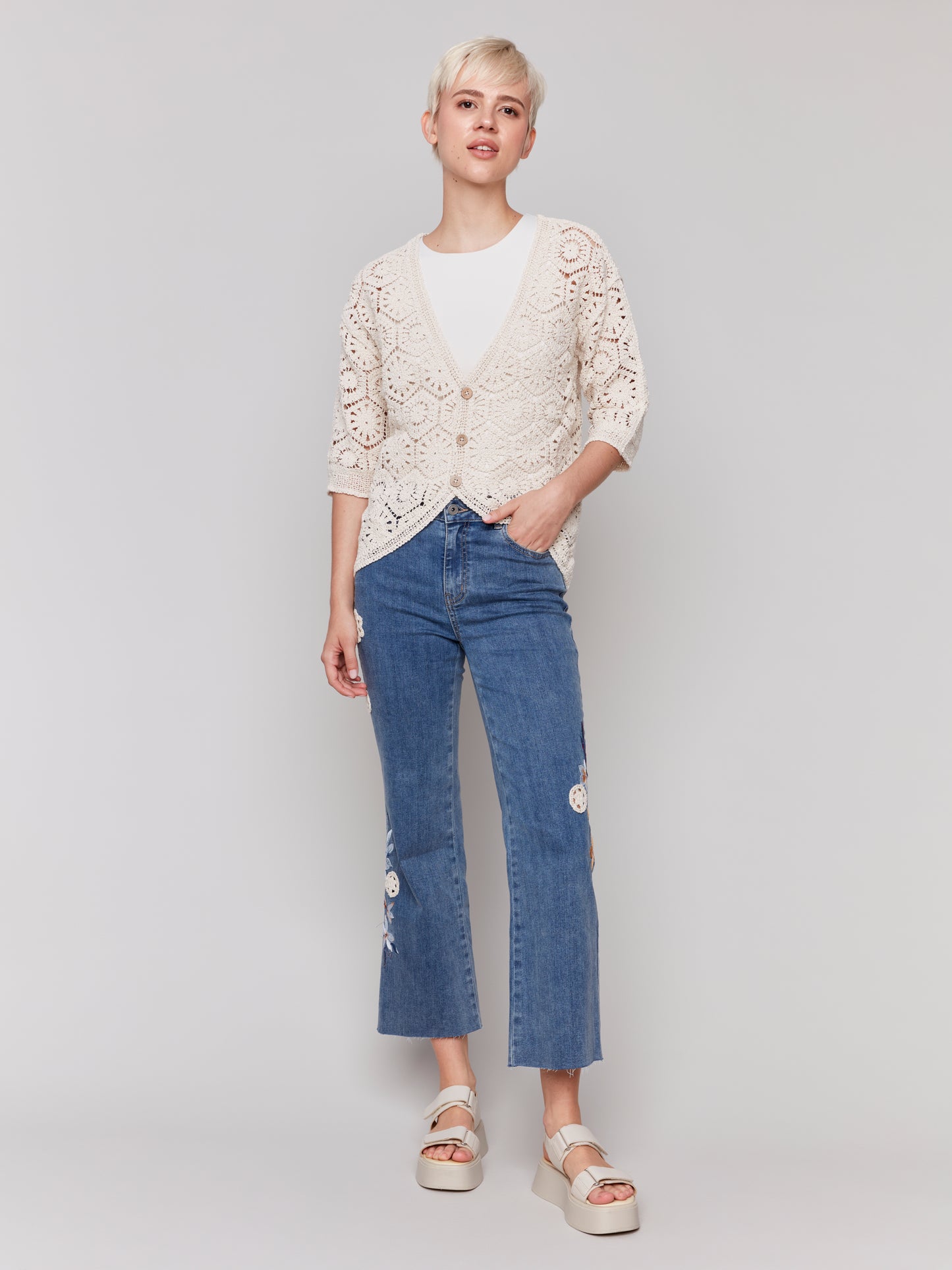 Charlie B Floral Embroidered Crochet Jeans Medium Blue C5652-431A-156