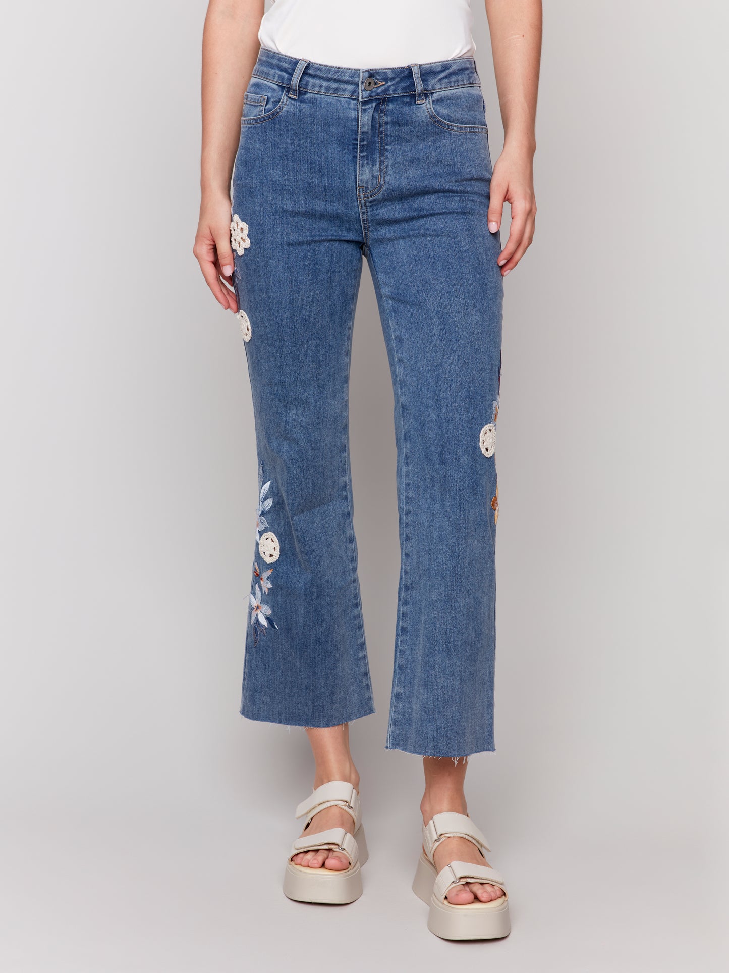 Charlie B Floral Embroidered Crochet Jeans Medium Blue C5652-431A-156