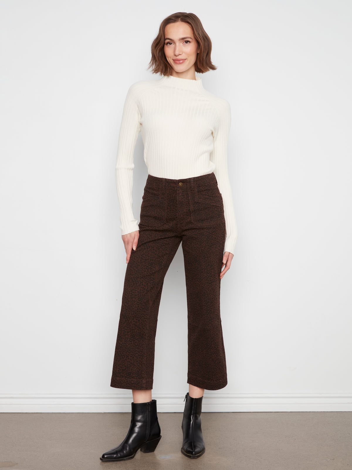 Charlie B Printed Cropped Wide Leg Stretch Twill Pants Leopard C5660RP-671C-P916
