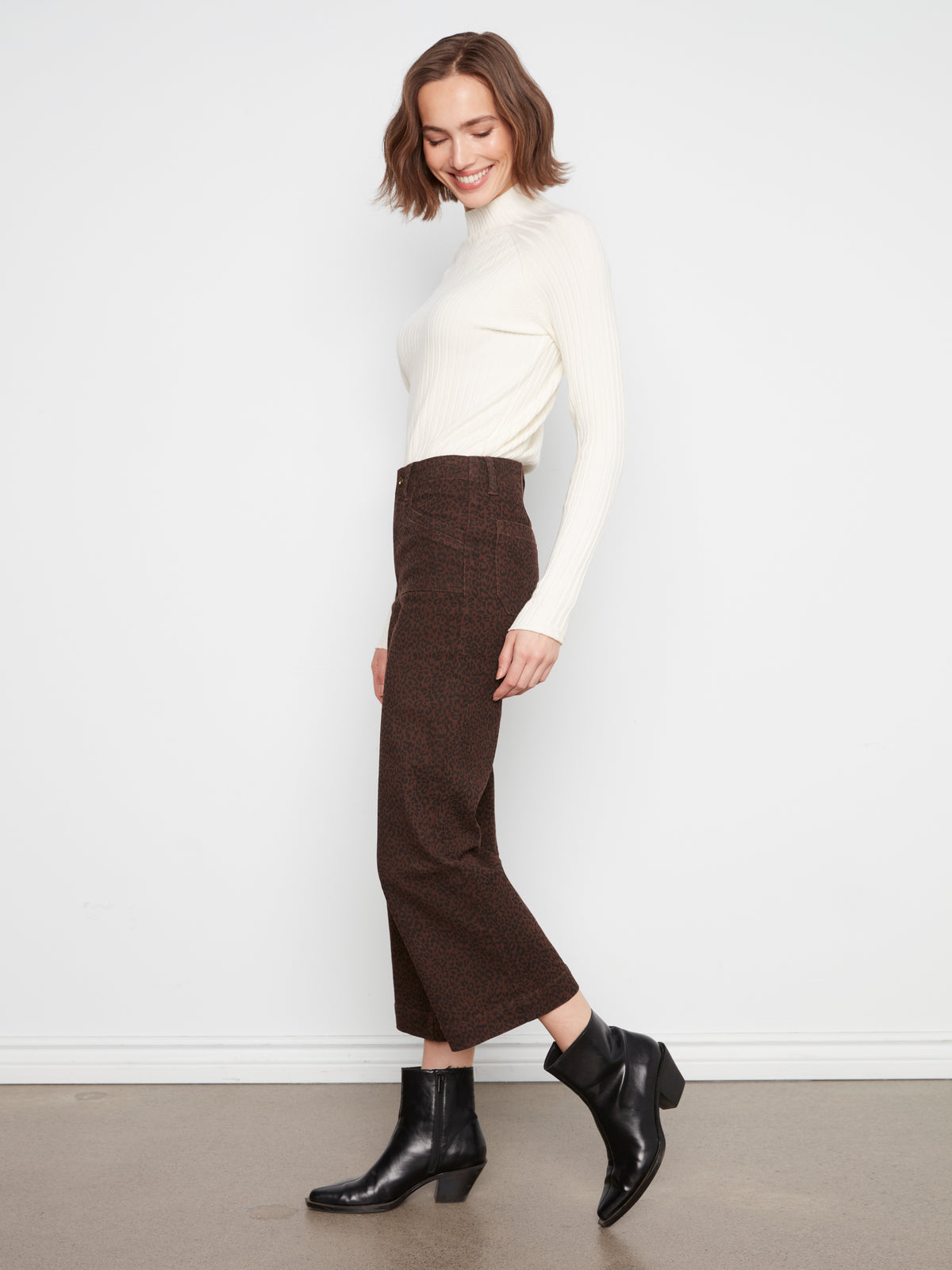 Charlie B Printed Cropped Wide Leg Stretch Twill Pants Leopard C5660RP-671C-P916