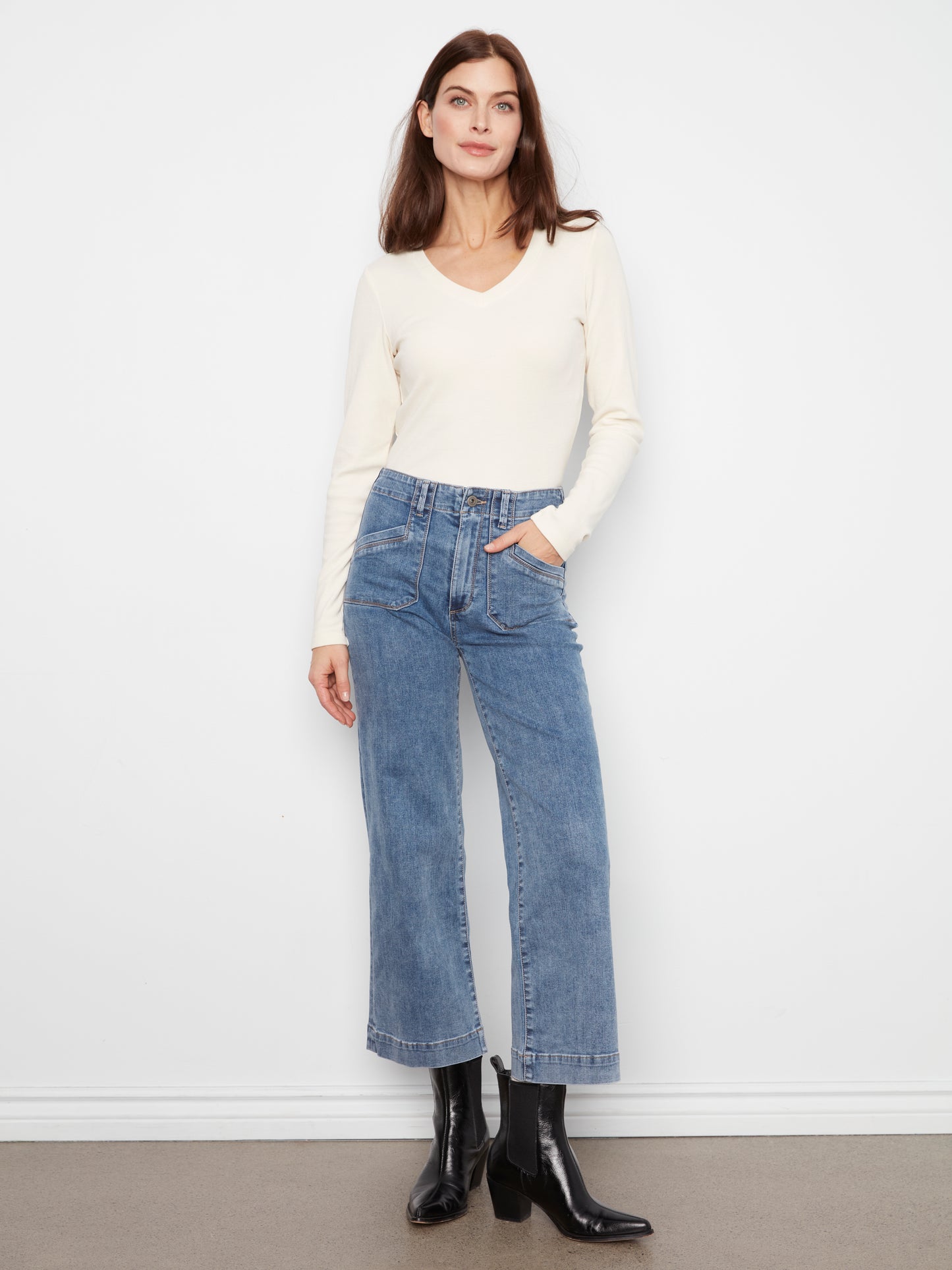 Charlie B Cropped Wide Leg Stretch Denim Pants w/Patch Pockets Medium Blue C5660RR-431A-156