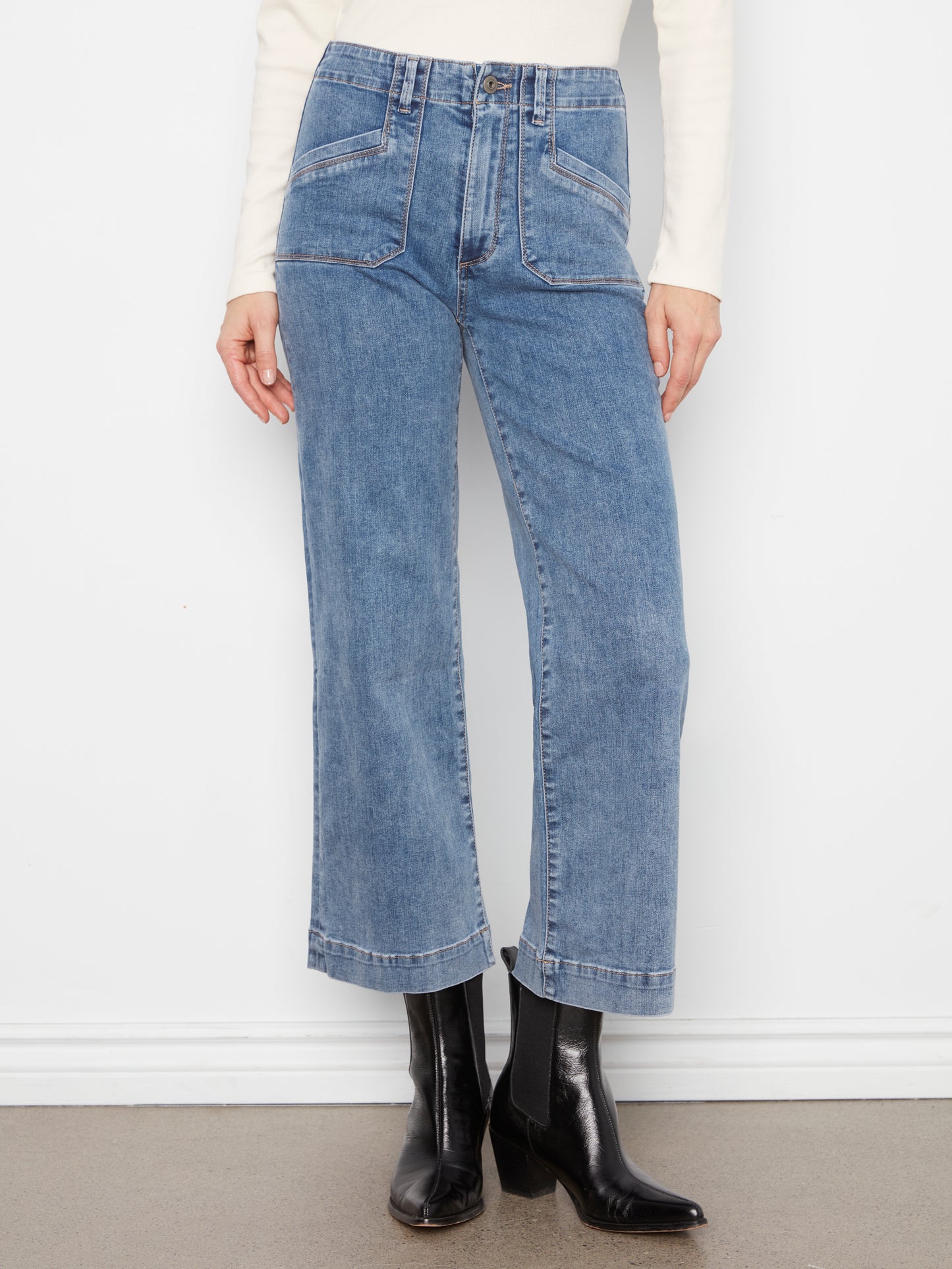 Charlie B Cropped Wide Leg Stretch Denim Pants w/Patch Pockets Medium Blue C5660RR-431A-156