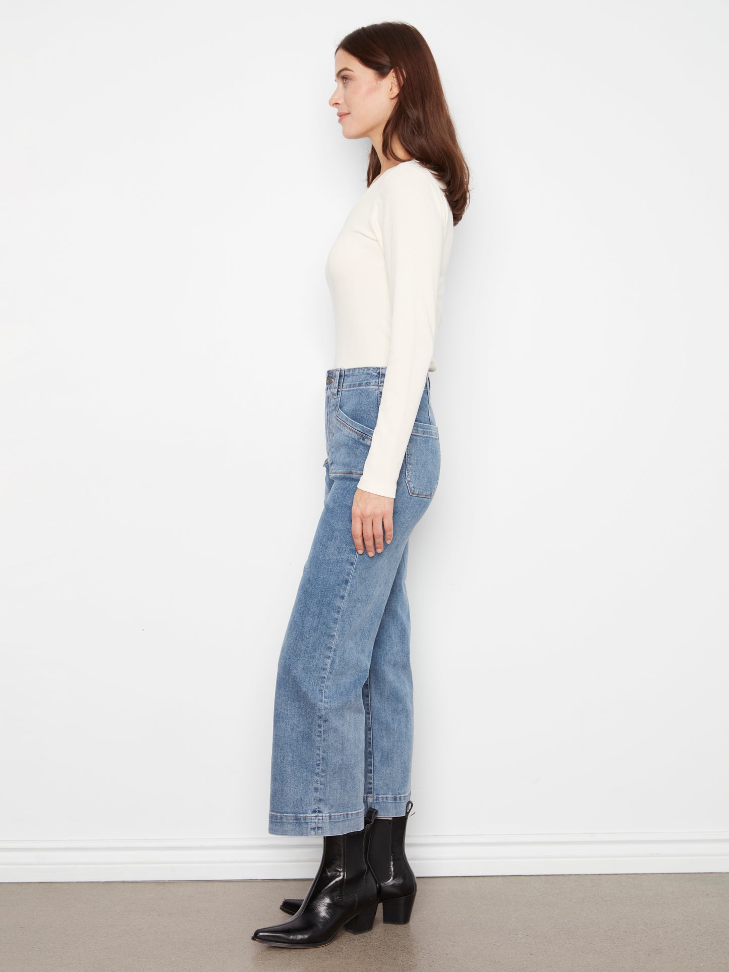 Charlie B Cropped Wide Leg Stretch Denim Pants w/Patch Pockets Medium Blue C5660RR-431A-156