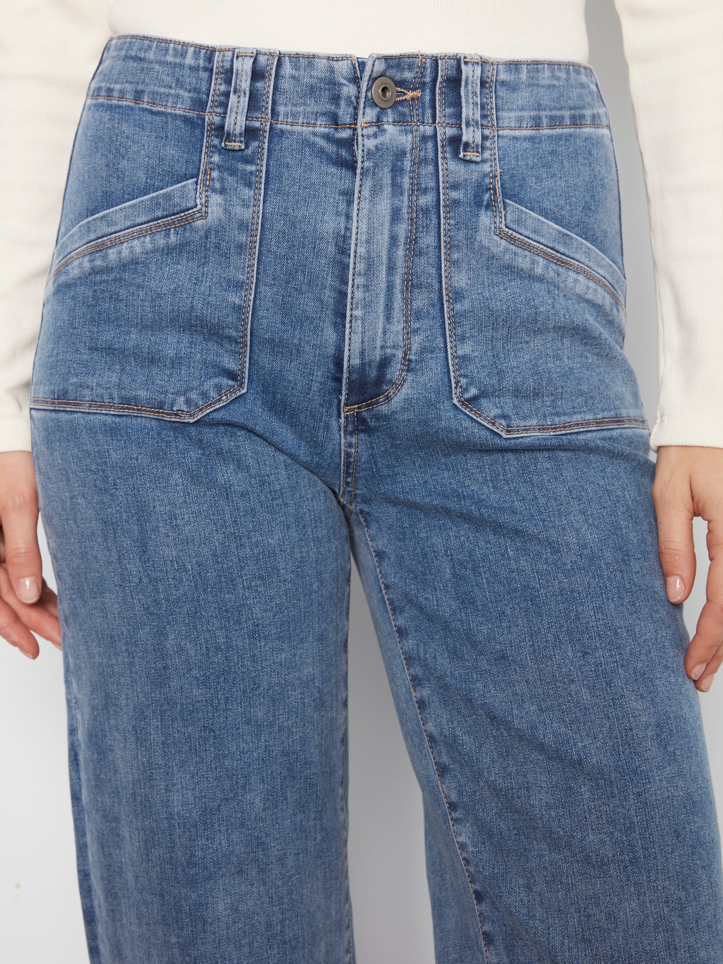 Charlie B Cropped Wide Leg Stretch Denim Pants w/Patch Pockets Medium Blue C5660RR-431A-156