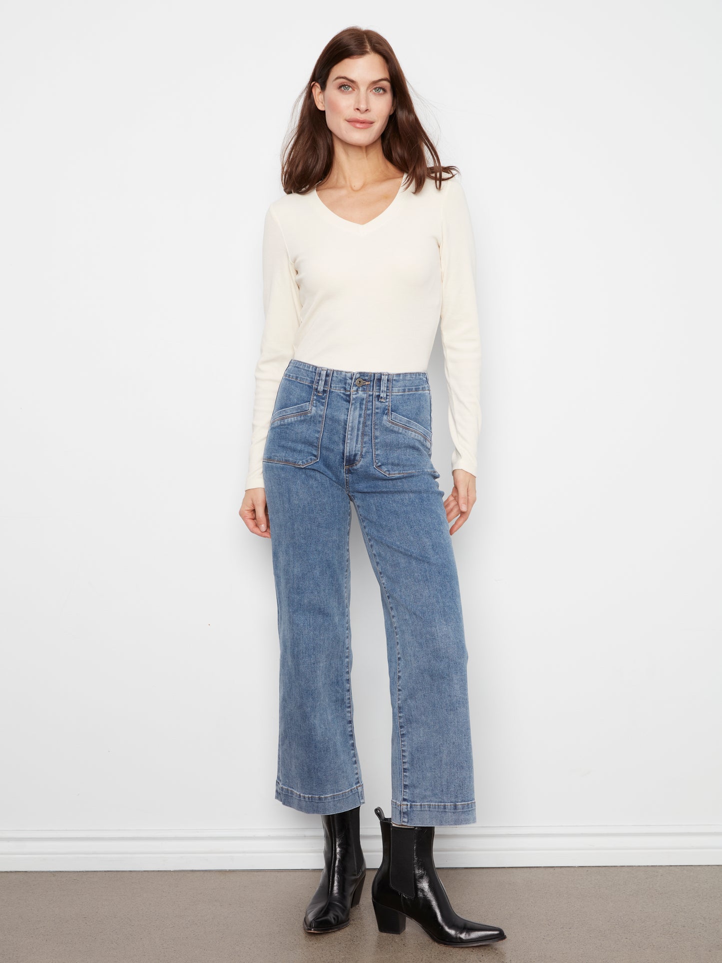 Charlie B Cropped Wide Leg Stretch Denim Pants w/Patch Pockets Medium Blue C5660RR-431A-156