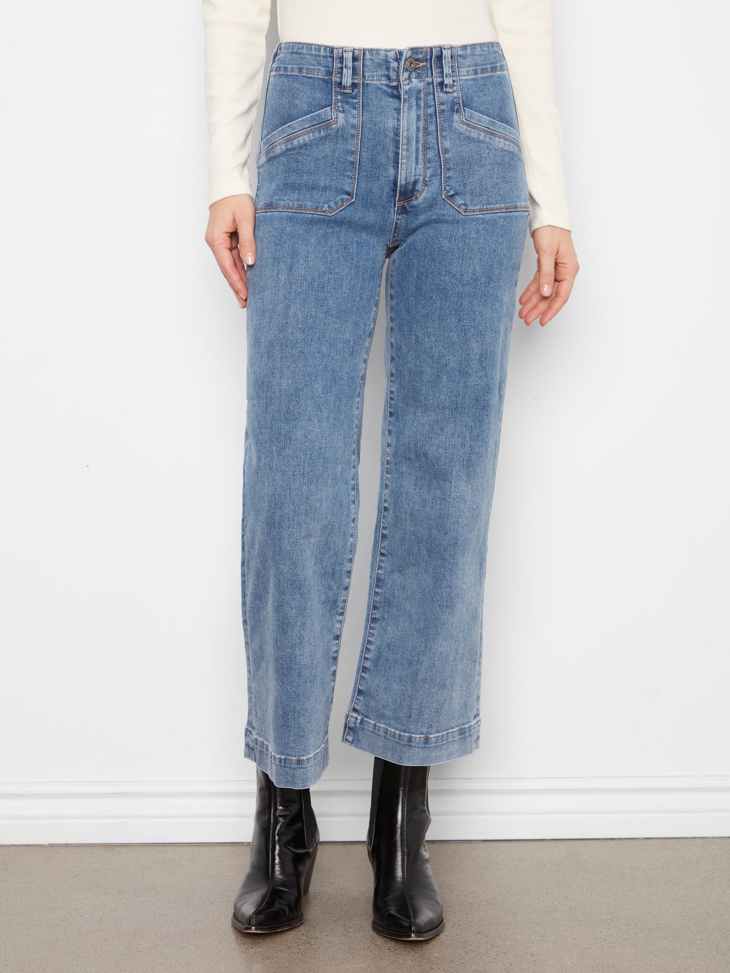 Charlie B Cropped Wide Leg Stretch Denim Pants w/Patch Pockets Medium Blue C5660RR-431A-156