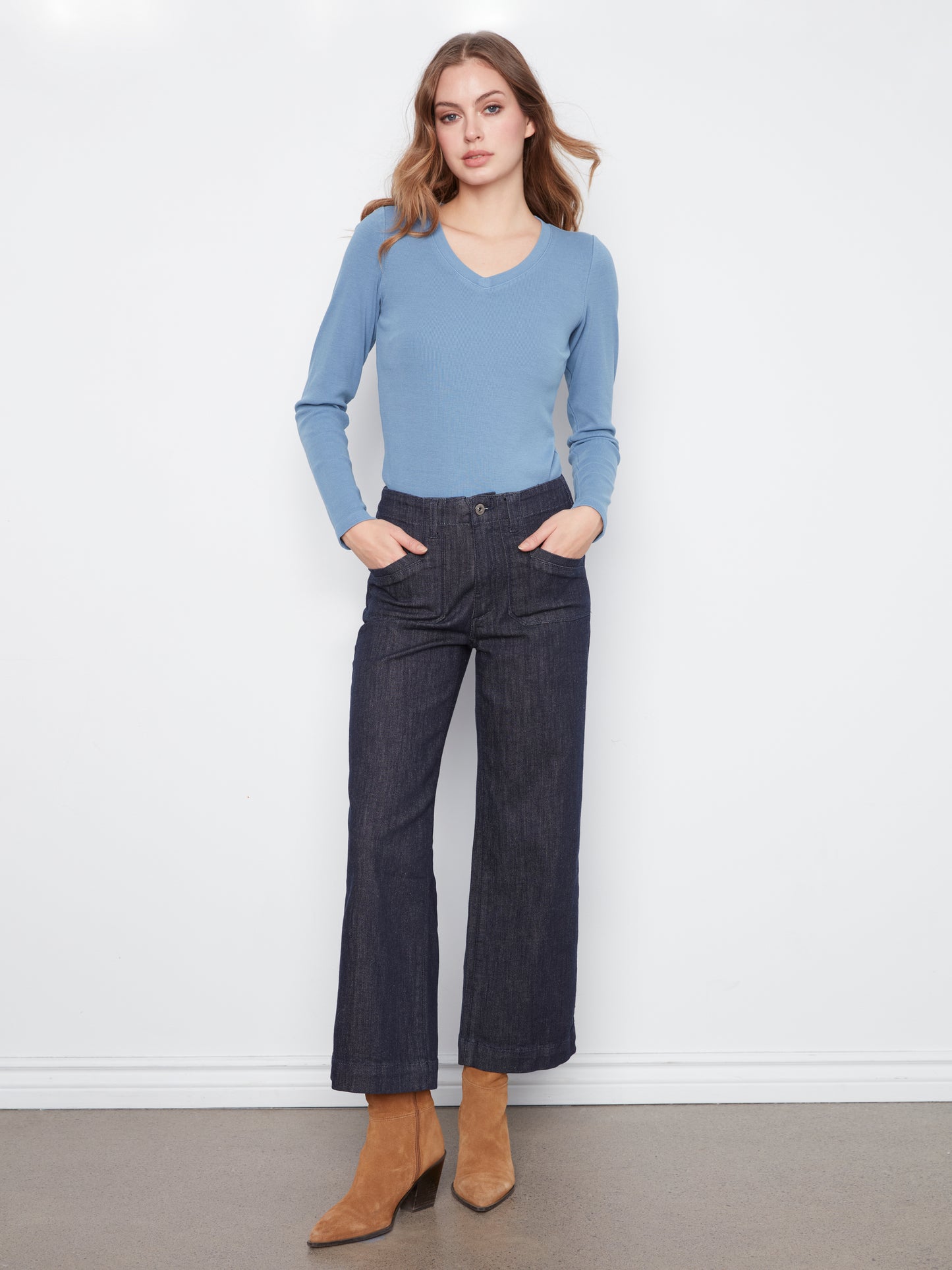 Charlie B Cropped Wide Leg Stretch Denim Pants w/ Patch Pockets Deep Blue C5660RR-437C-910