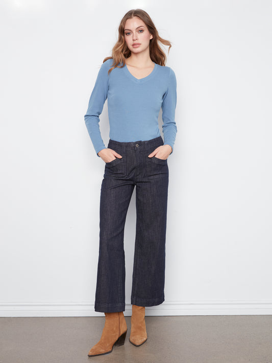 Charlie B Cropped Wide Leg Stretch Denim Pants w/ Patch Pockets Deep Blue C5660RR-437C-910