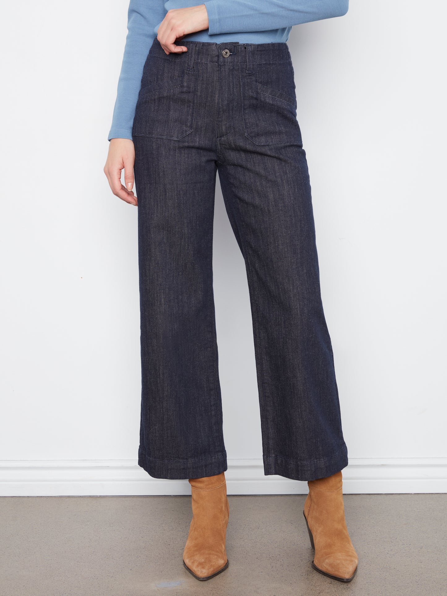 Charlie B Cropped Wide Leg Stretch Denim Pants w/ Patch Pockets Deep Blue C5660RR-437C-910