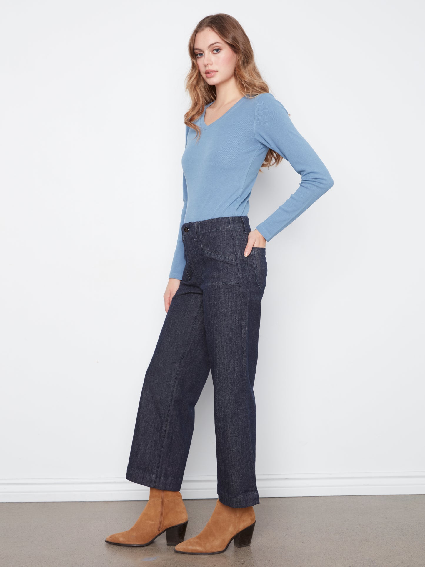 Charlie B Cropped Wide Leg Stretch Denim Pants w/ Patch Pockets Deep Blue C5660RR-437C-910