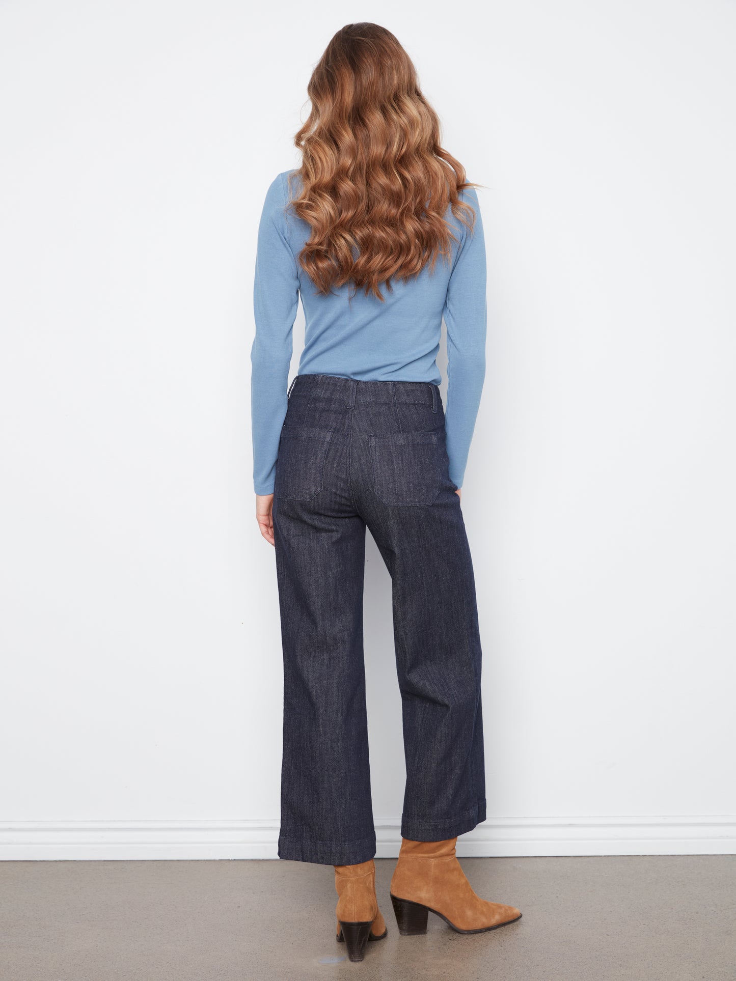 Charlie B Cropped Wide Leg Stretch Denim Pants w/ Patch Pockets Deep Blue C5660RR-437C-910