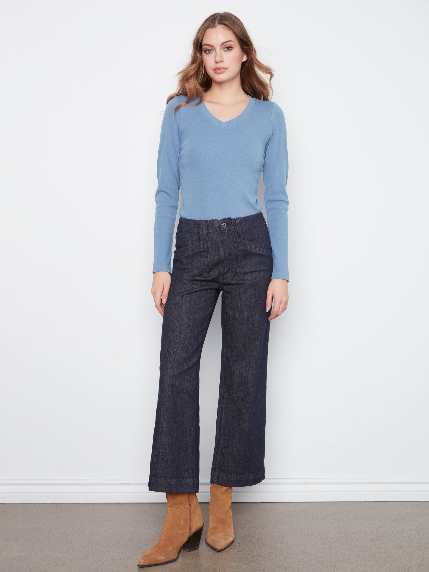 Charlie B Cropped Wide Leg Stretch Denim Pants w/ Patch Pockets Deep Blue C5660RR-437C-910